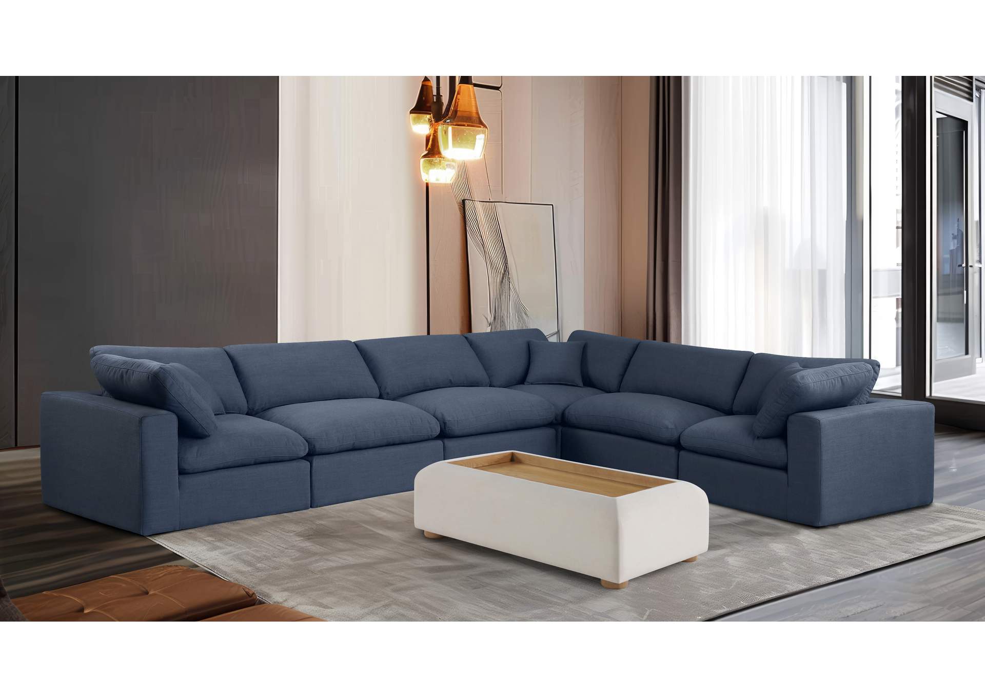 Comfy Navy Linen Textured Fabric Modular Sectional,Meridian Furniture