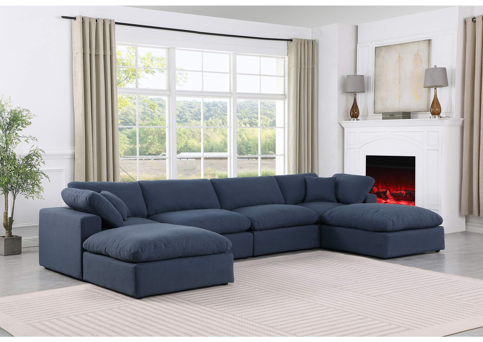 Comfy Navy Linen Textured Fabric Modular Sectional,Meridian Furniture