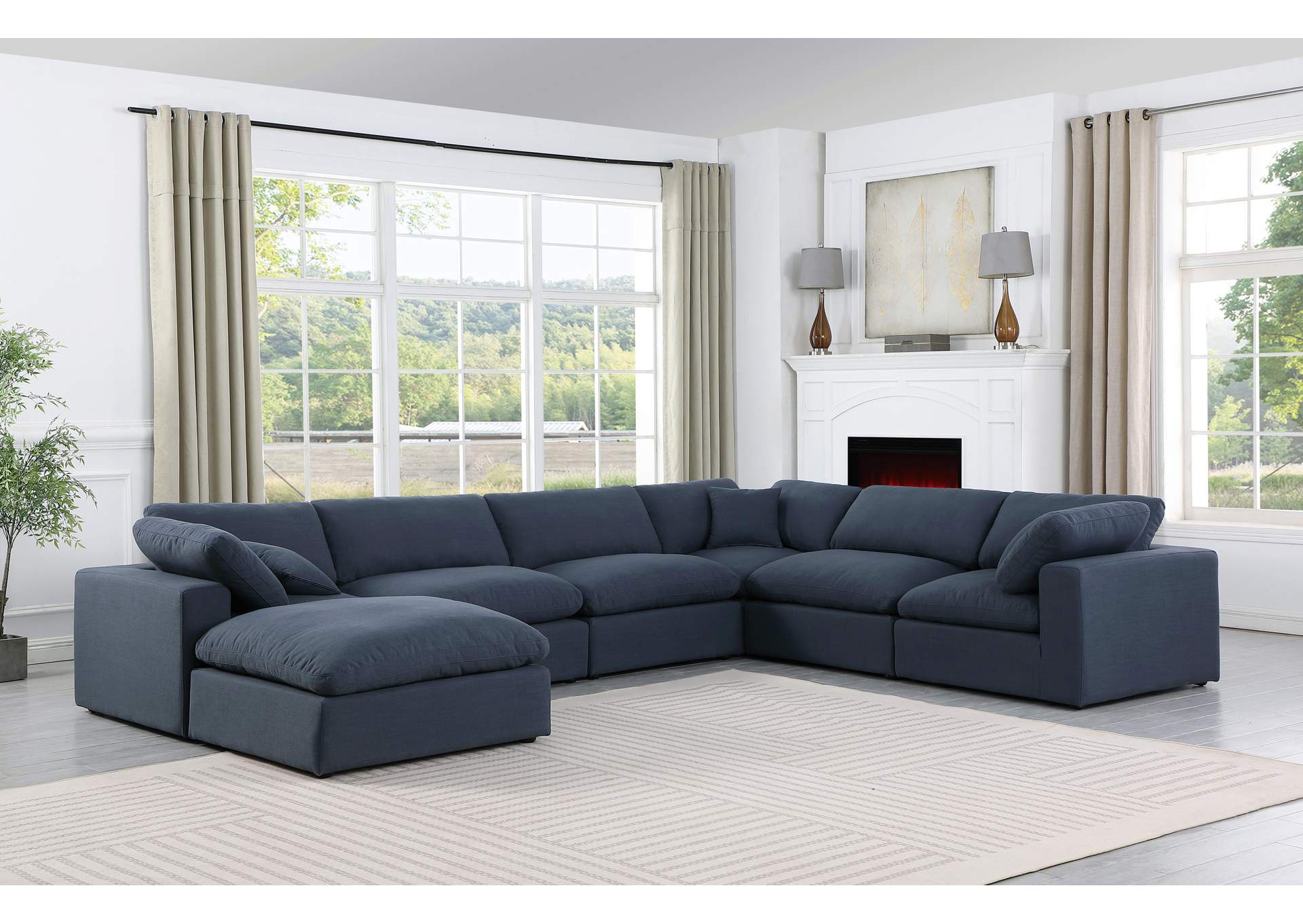 Comfy Navy Linen Textured Fabric Modular Sectional,Meridian Furniture