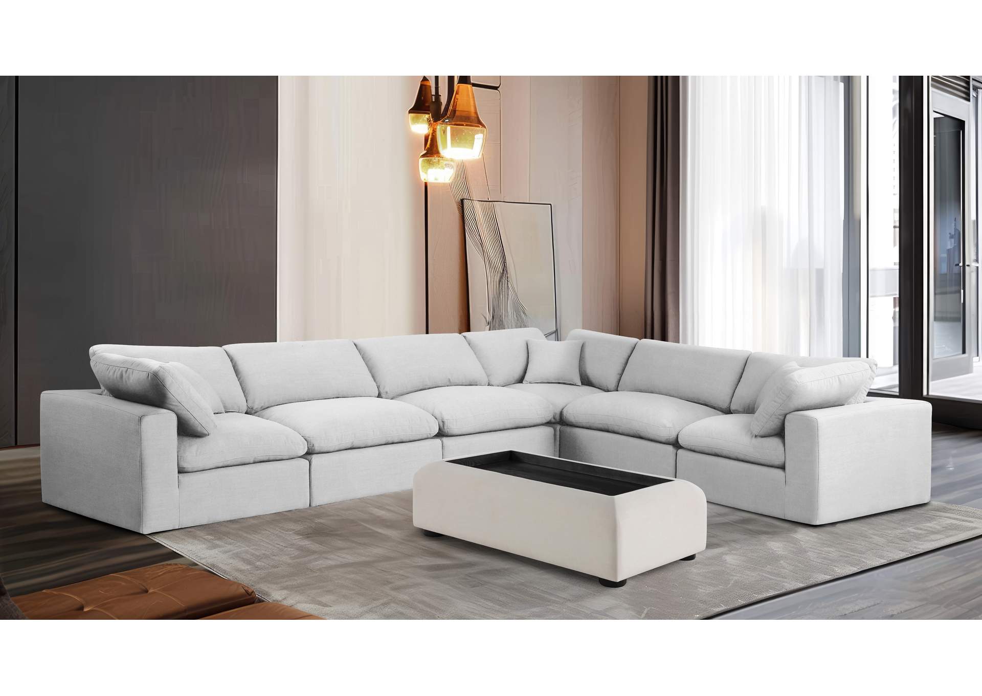 Comfy White Linen Textured Fabric Modular Sectional,Meridian Furniture
