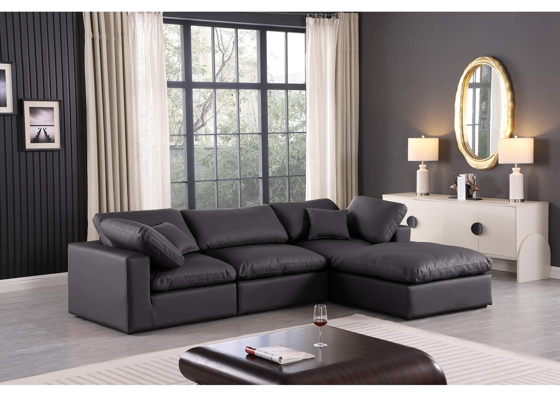 Comfy Black Faux Leather Modular Sectional,Meridian Furniture