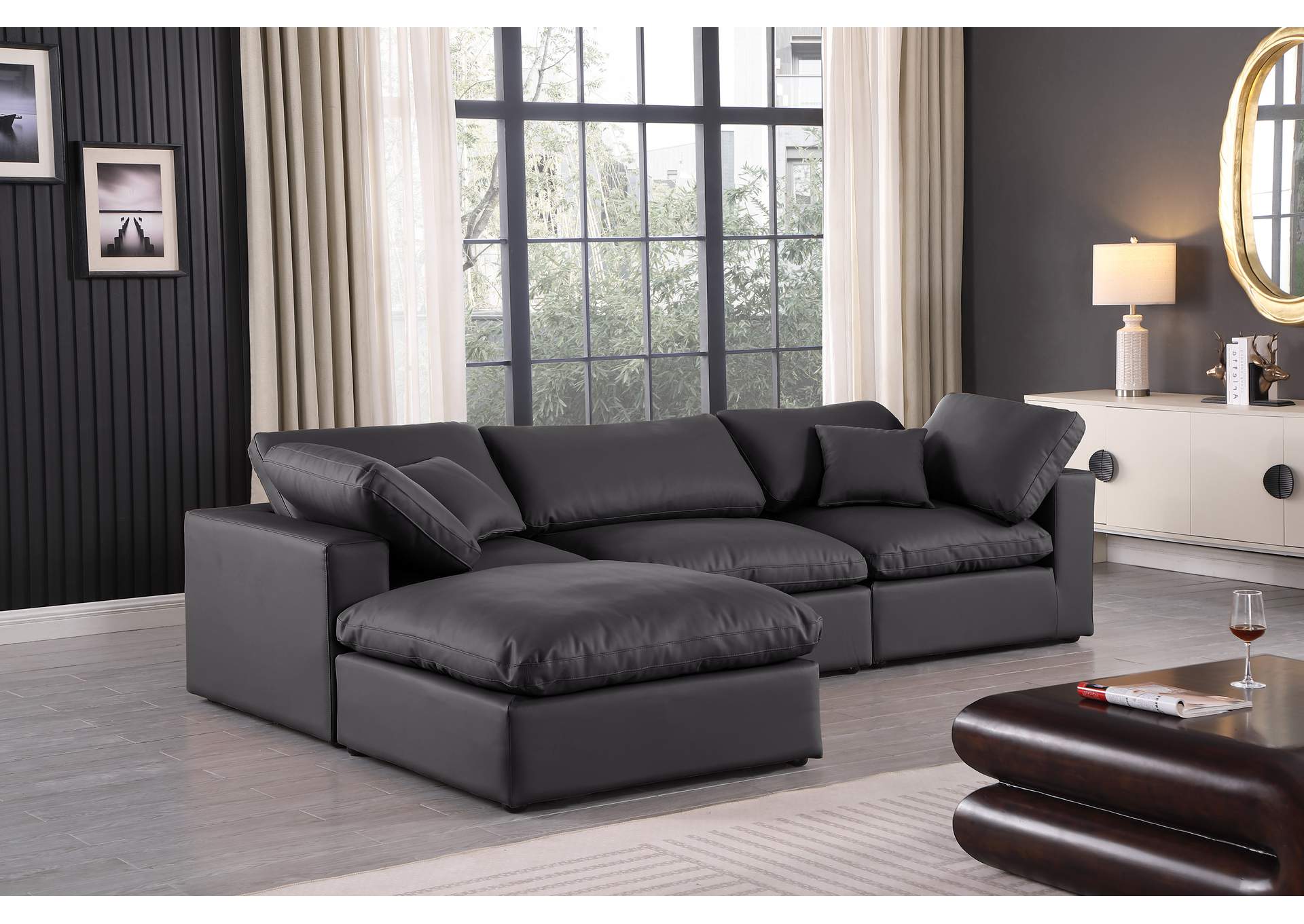 Comfy Black Faux Leather Modular Sectional,Meridian Furniture