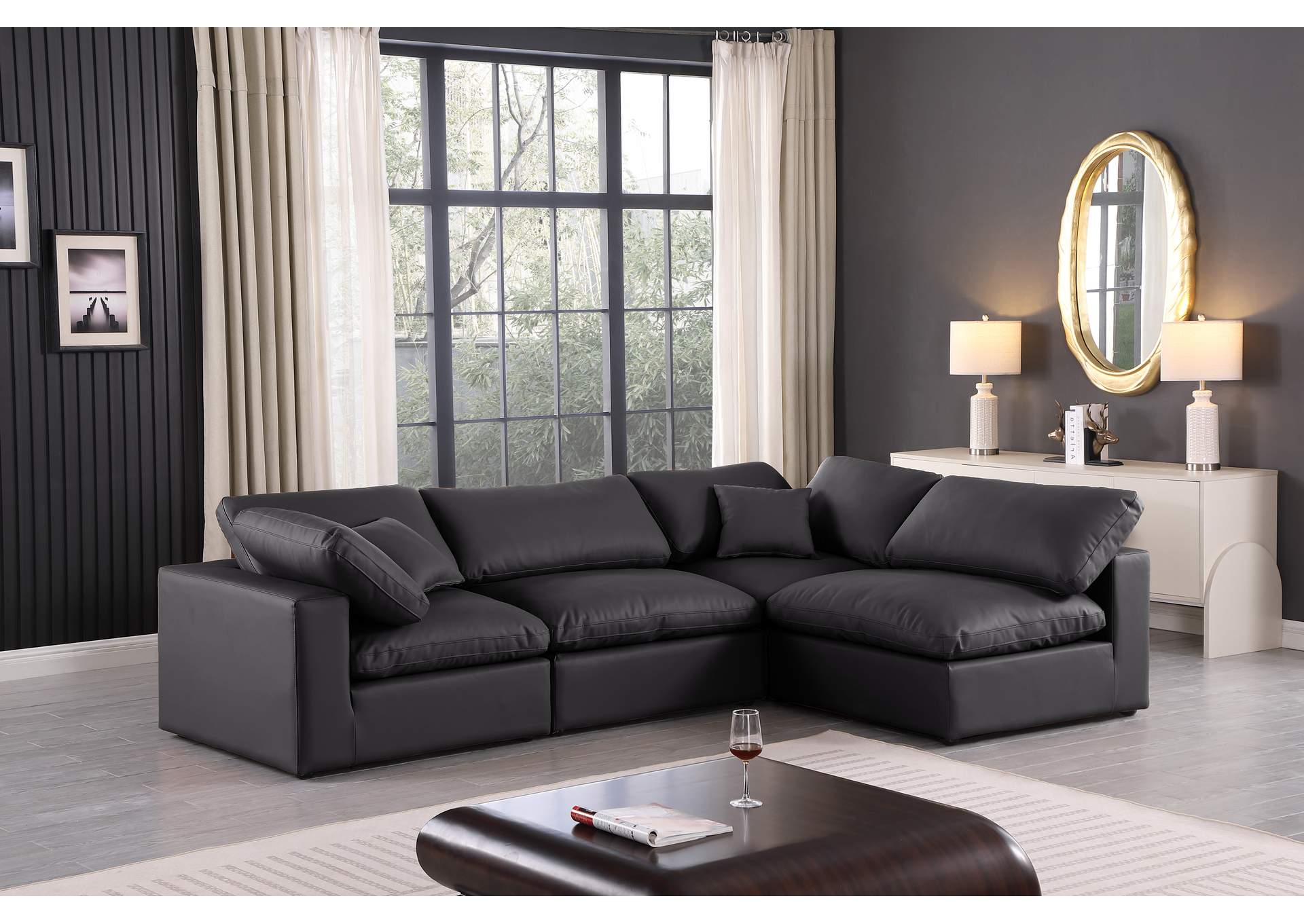 Comfy Black Faux Leather Modular Sectional,Meridian Furniture