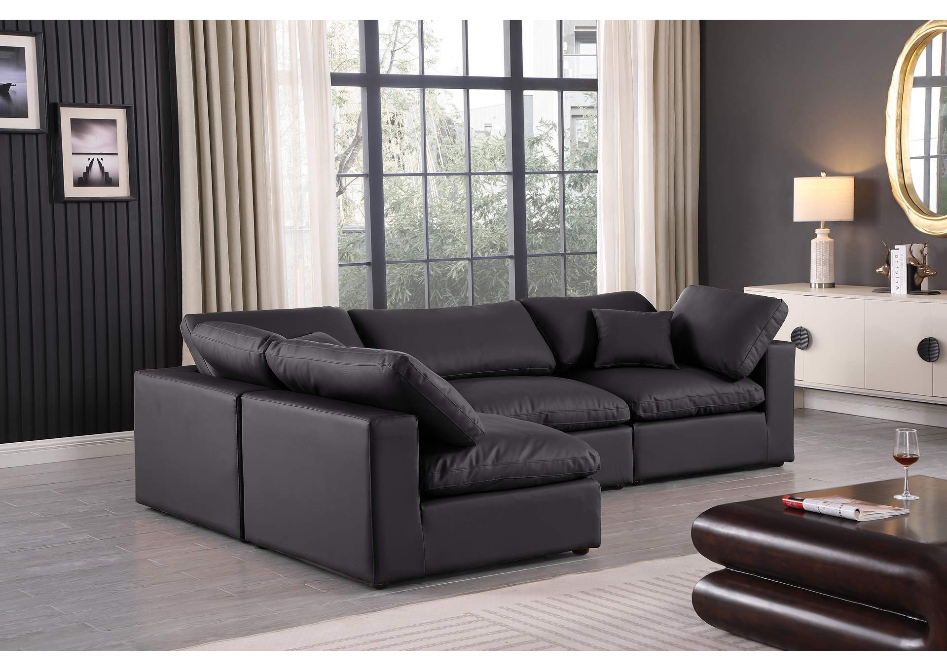 Comfy Black Faux Leather Modular Sectional,Meridian Furniture