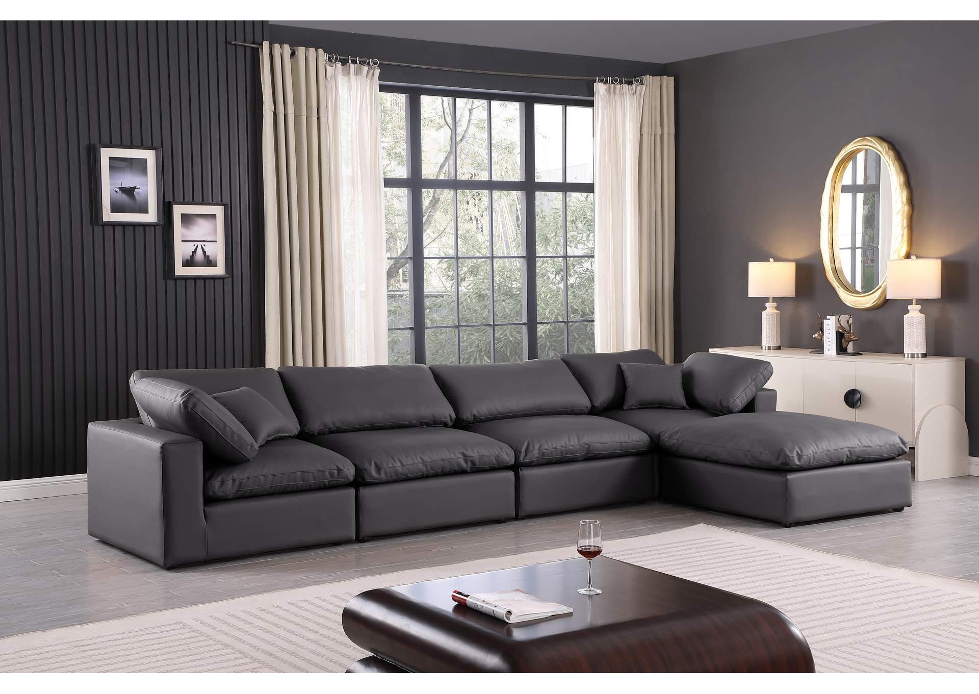 Comfy Black Faux Leather Modular Sectional,Meridian Furniture
