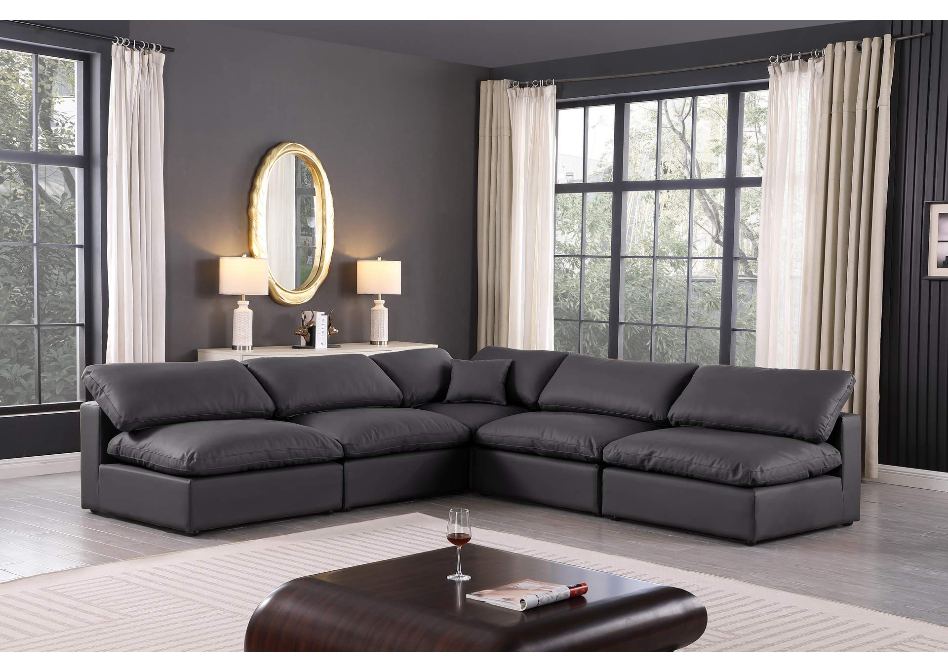 Comfy Black Faux Leather Modular Sectional,Meridian Furniture