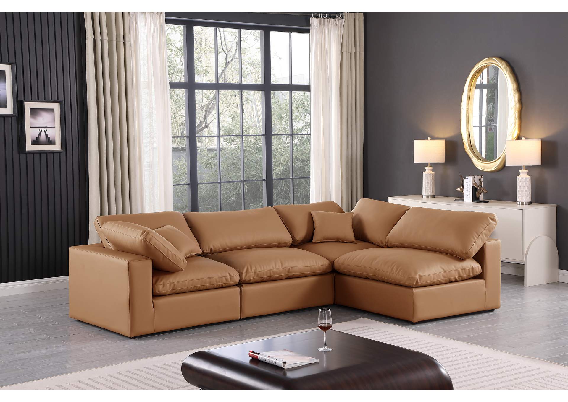 Comfy Cognac Faux Leather Modular Sectional,Meridian Furniture