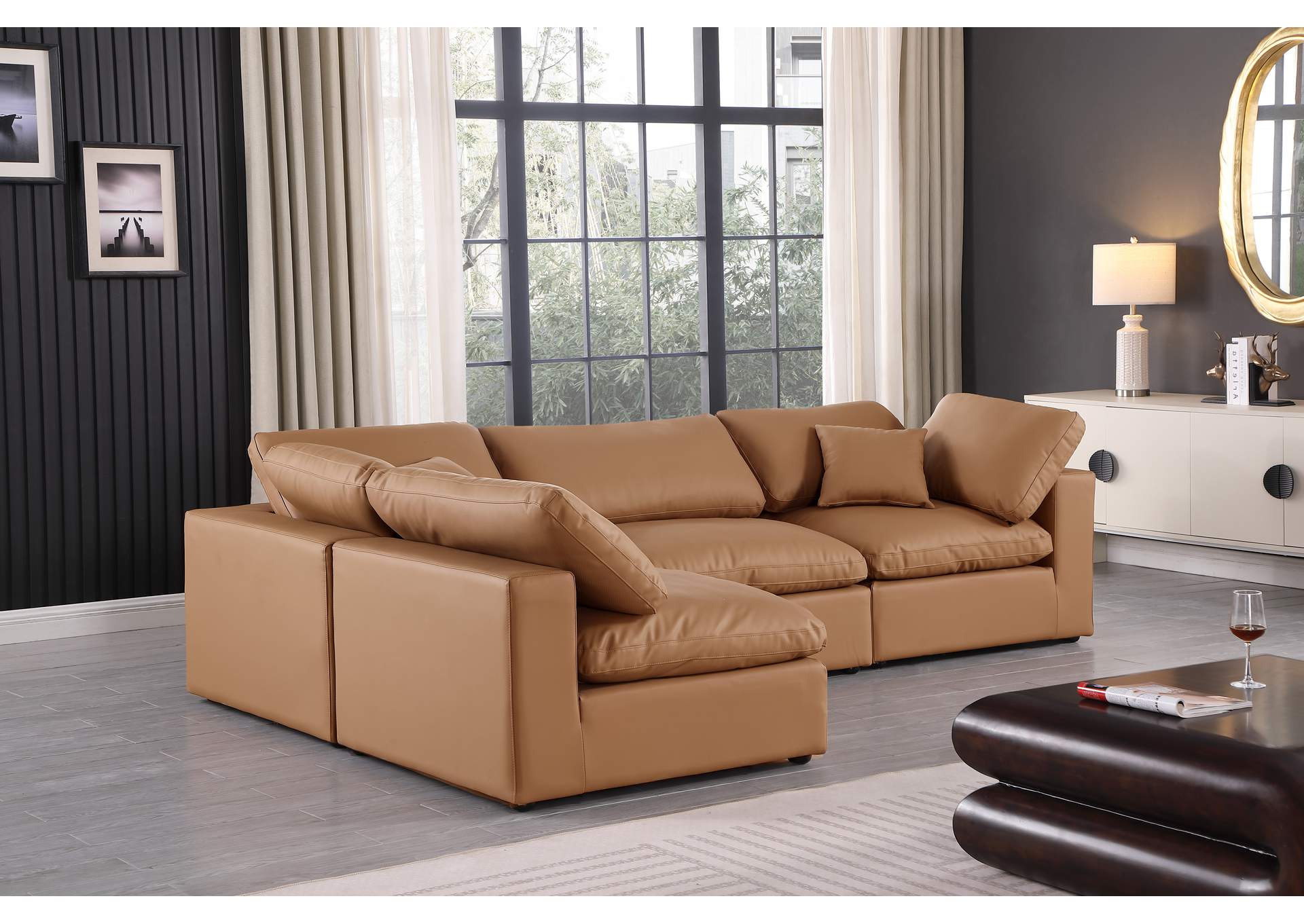 Comfy Cognac Faux Leather Modular Sectional,Meridian Furniture
