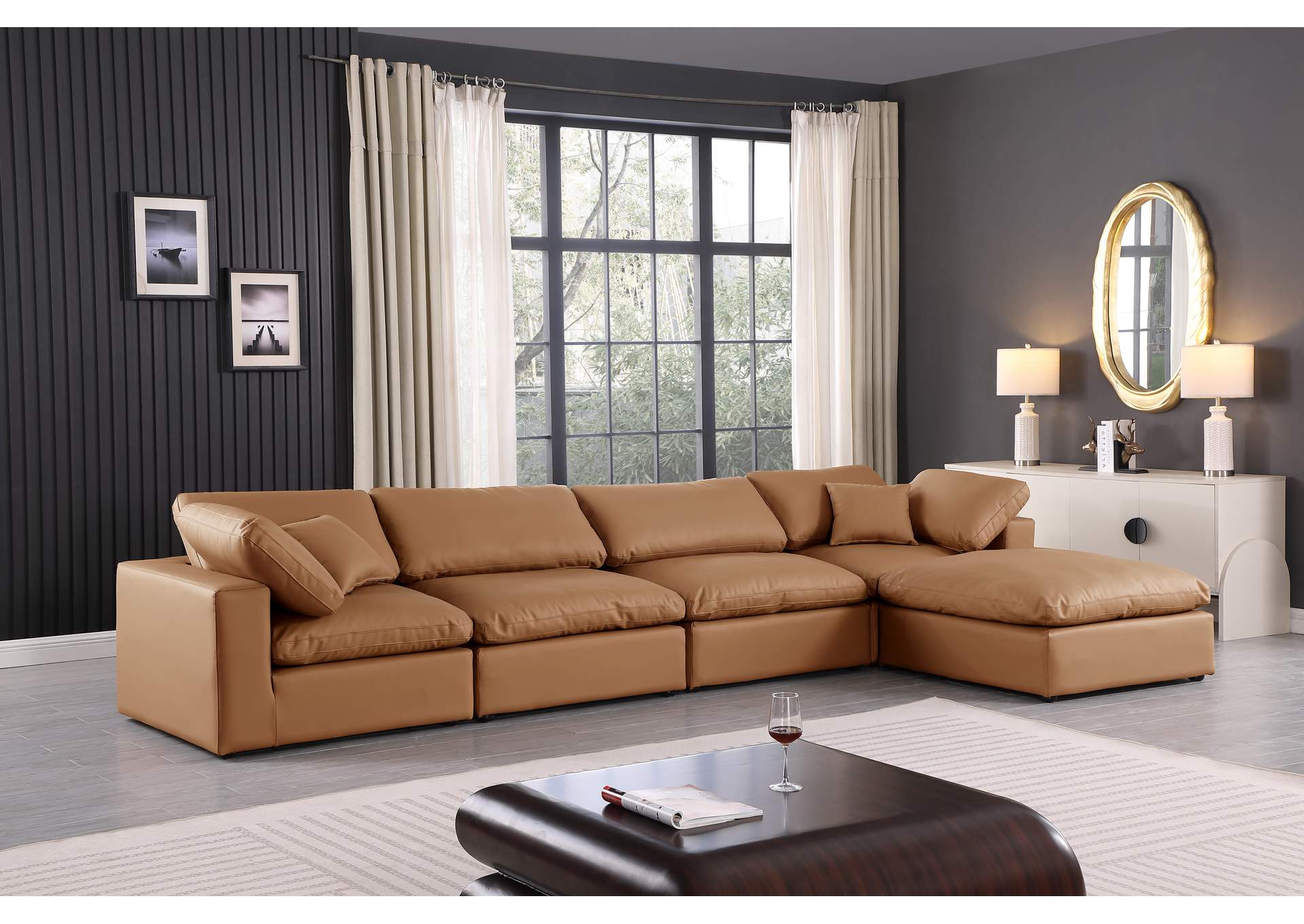 Comfy Cognac Faux Leather Modular Sectional,Meridian Furniture