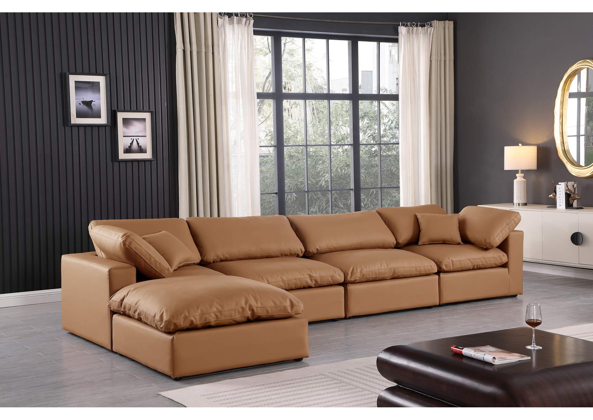 Comfy Cognac Faux Leather Modular Sectional,Meridian Furniture