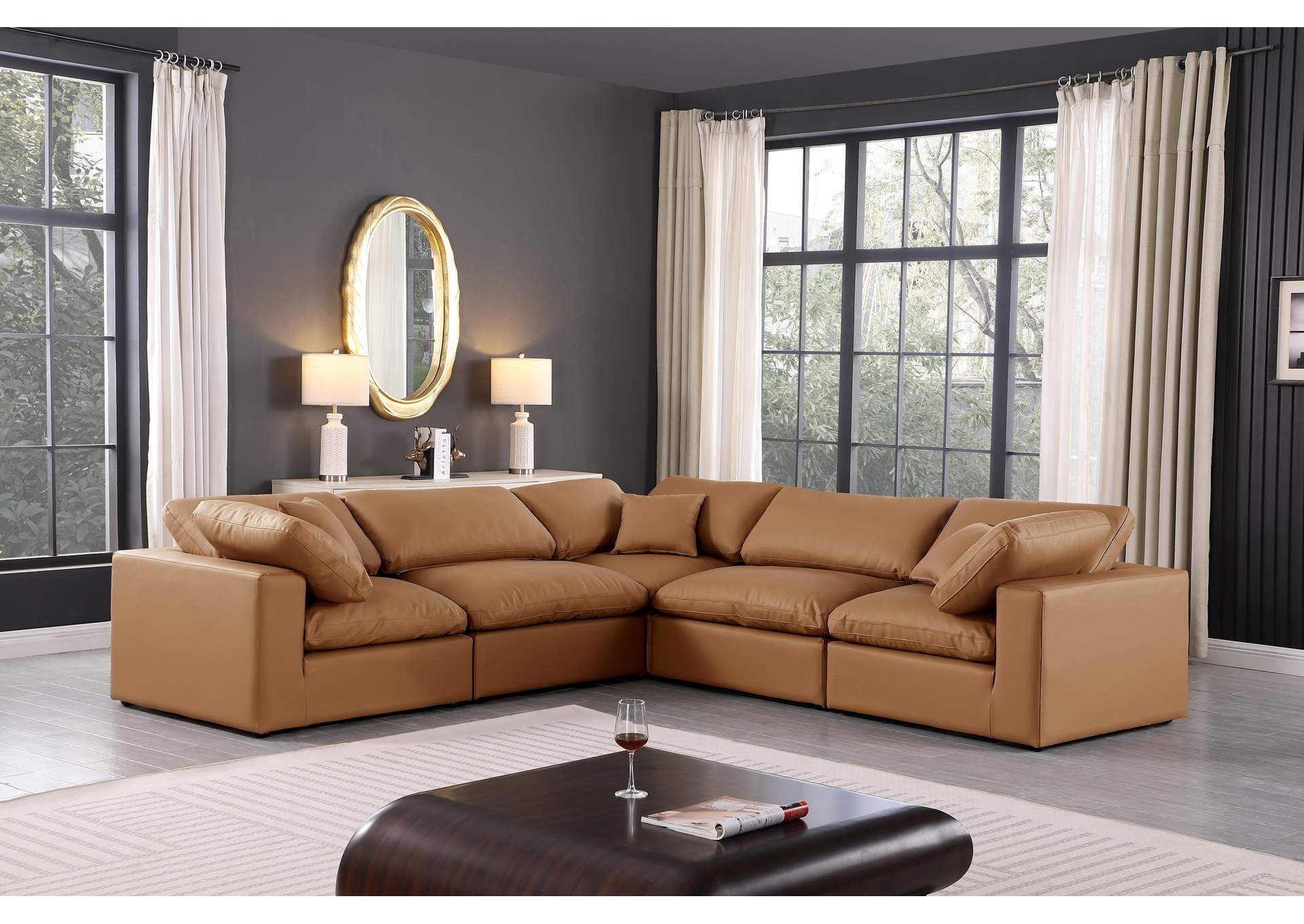 Comfy Cognac Faux Leather Modular Sectional,Meridian Furniture