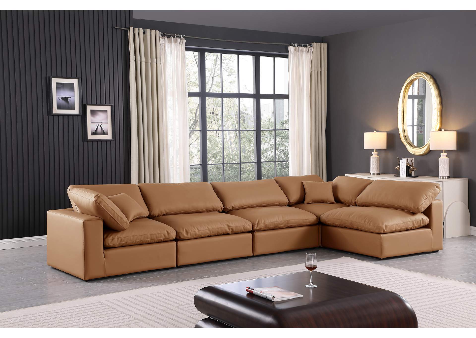 Comfy Cognac Faux Leather Modular Sectional,Meridian Furniture