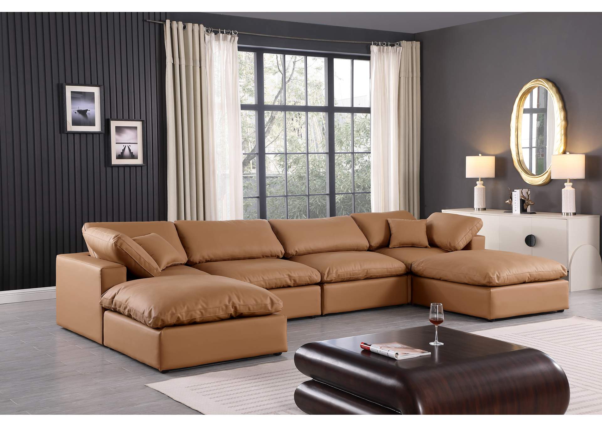 Comfy Cognac Faux Leather Modular Sectional,Meridian Furniture