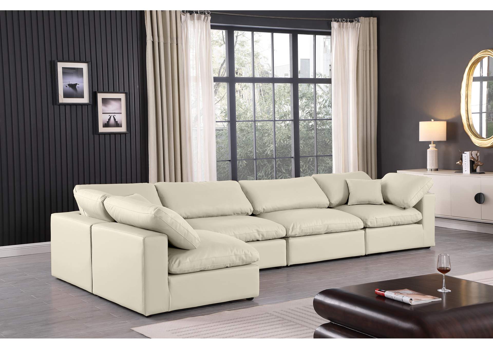 Comfy Cream Faux Leather Modular Sectional,Meridian Furniture