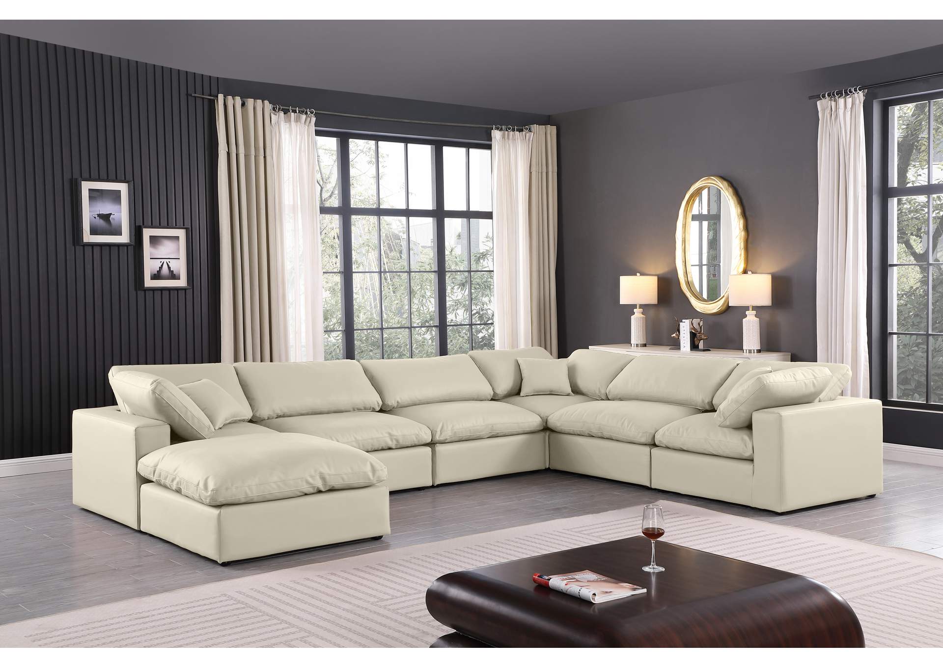 Comfy Cream Faux Leather Modular Sectional,Meridian Furniture