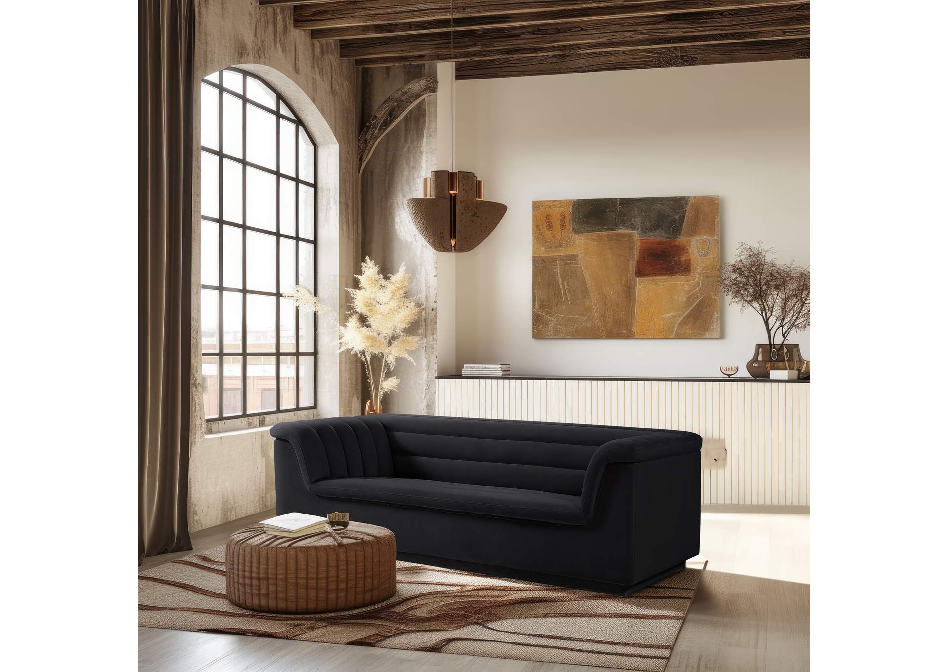Cascade Black Velvet Fabric Sofa,Meridian Furniture