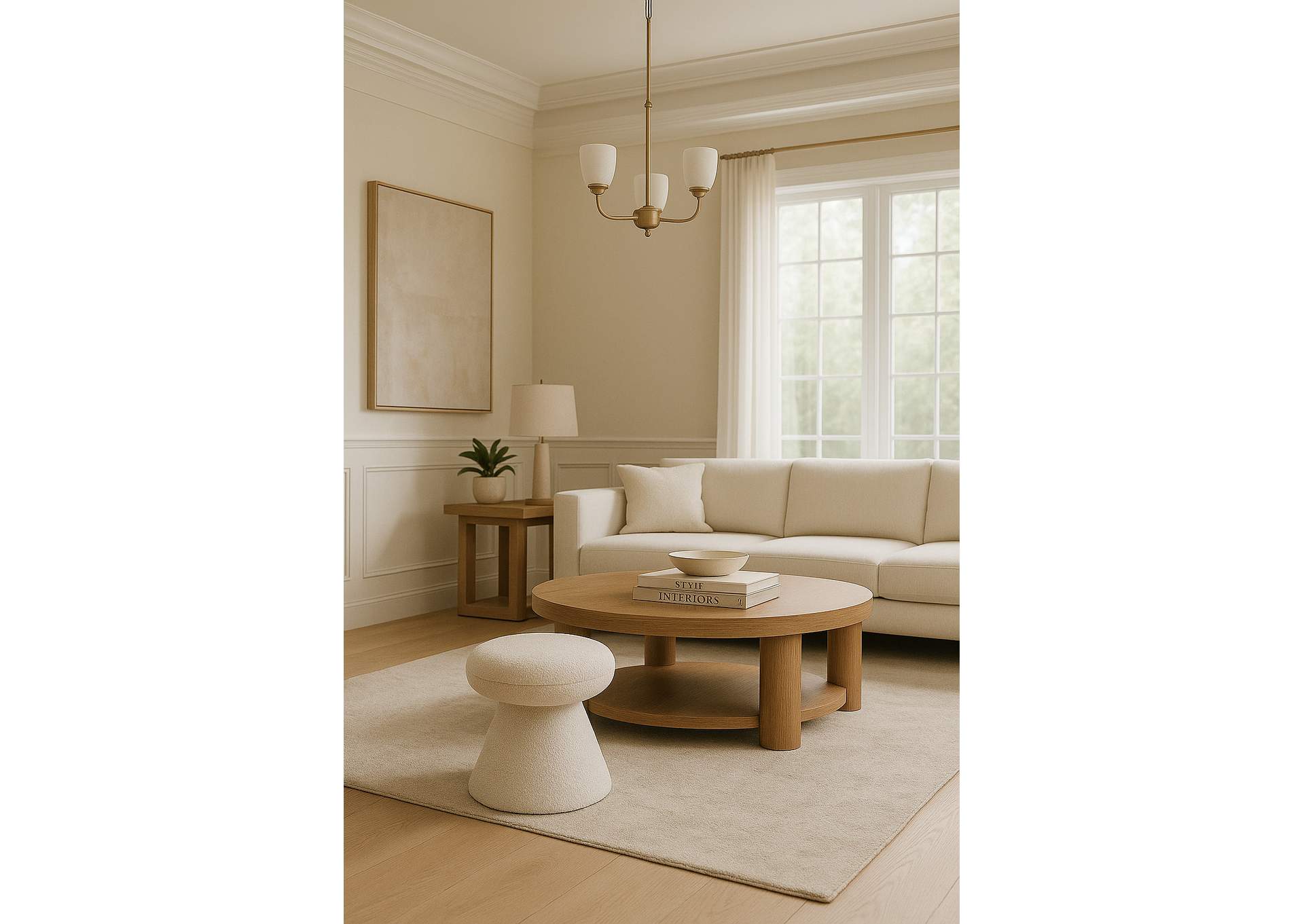 Drum Cream Faux Shearling Teddy Fabric Ottoman - Stool,Meridian Furniture