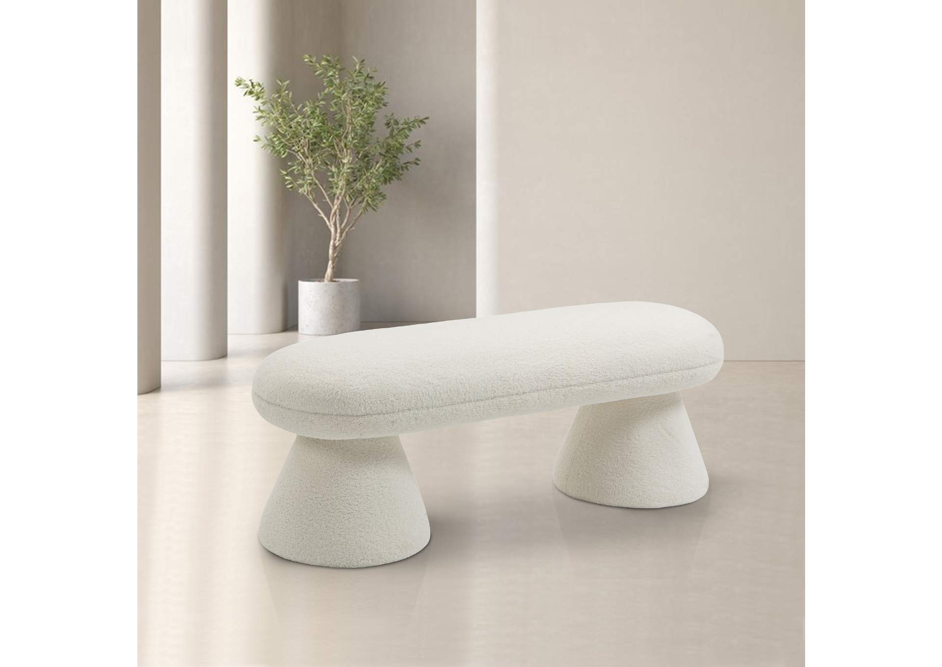 Drum Cream Faux Shearling Teddy Fabric Bench,Meridian Furniture