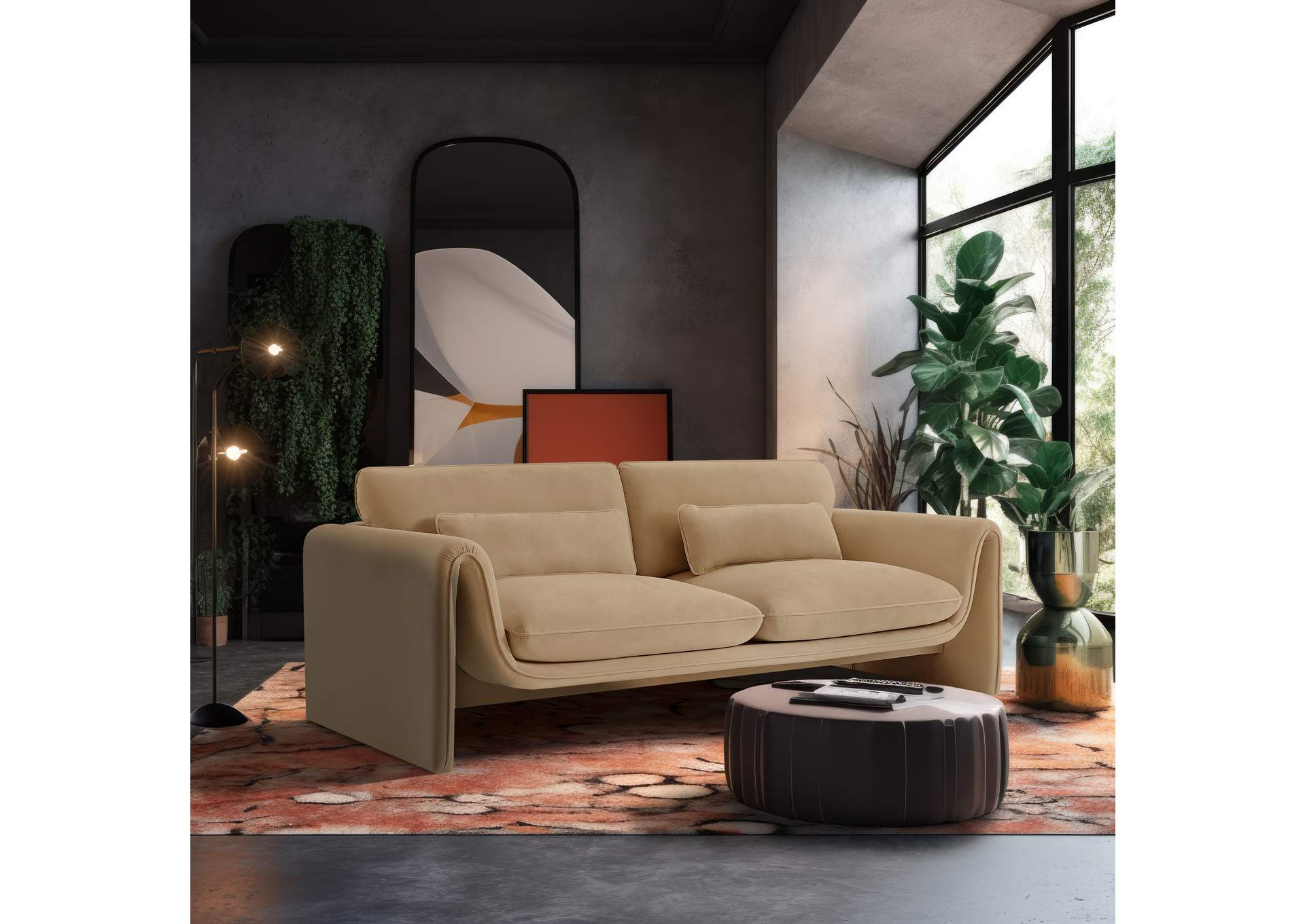 Sloan Camel Velvet Fabric Sofa,Meridian Furniture