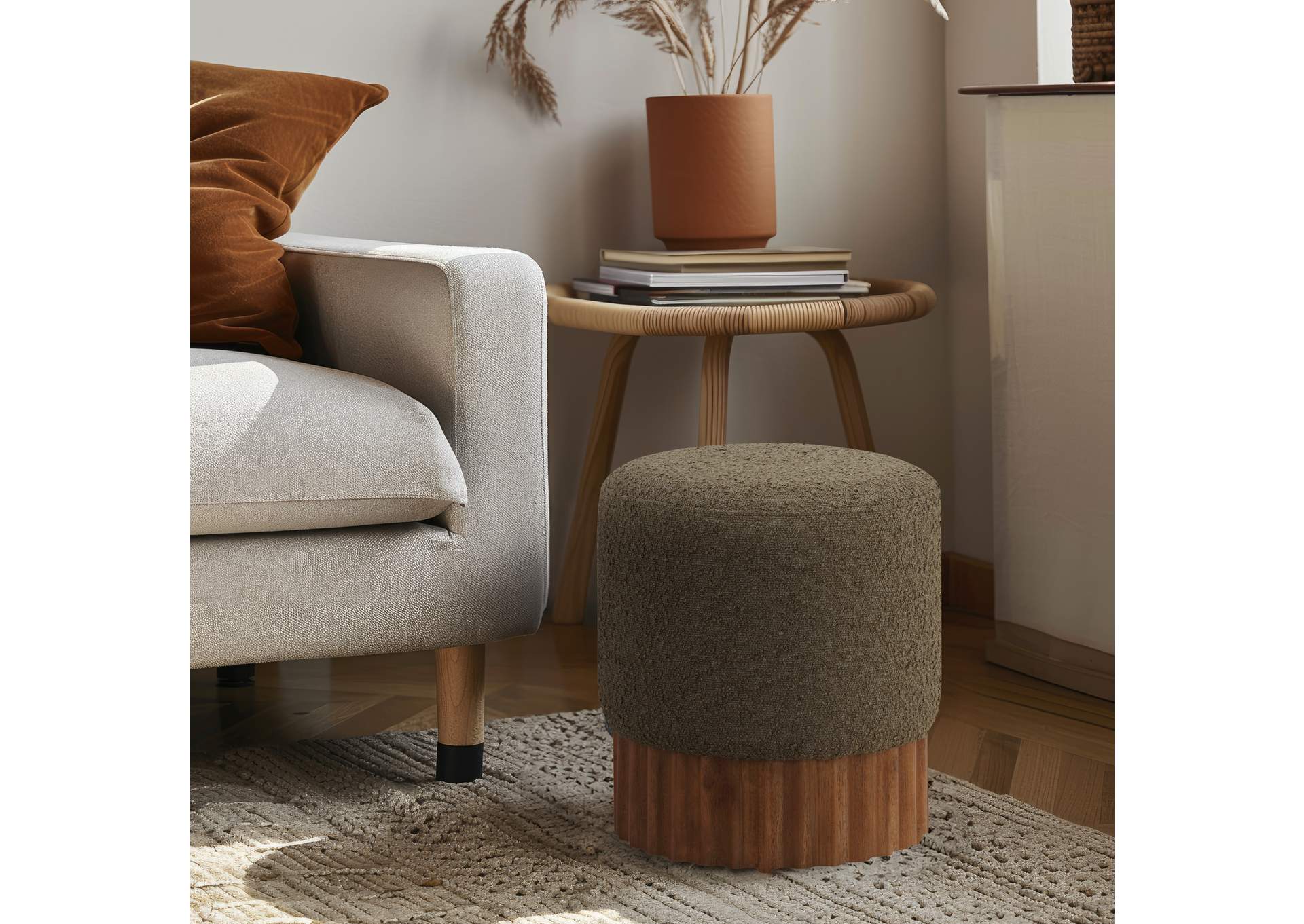 Veranda Olive Boucle Fabric Ottoman - Stool,Meridian Furniture