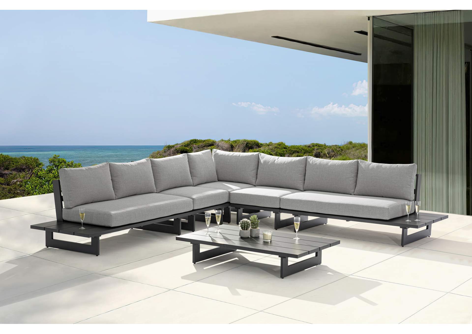 Maldives Grey Water Resistant Fabric Outdoor Patio Modular Sectional,Meridian Furniture