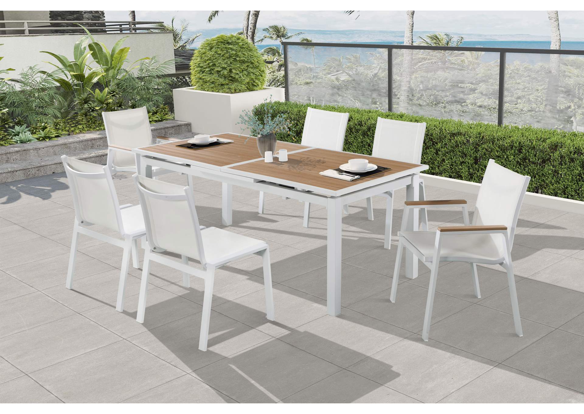 Nizuc Brown Wood Look Accent Paneling Outdoor Patio Extendable Aluminum Dining Table,Meridian Furniture