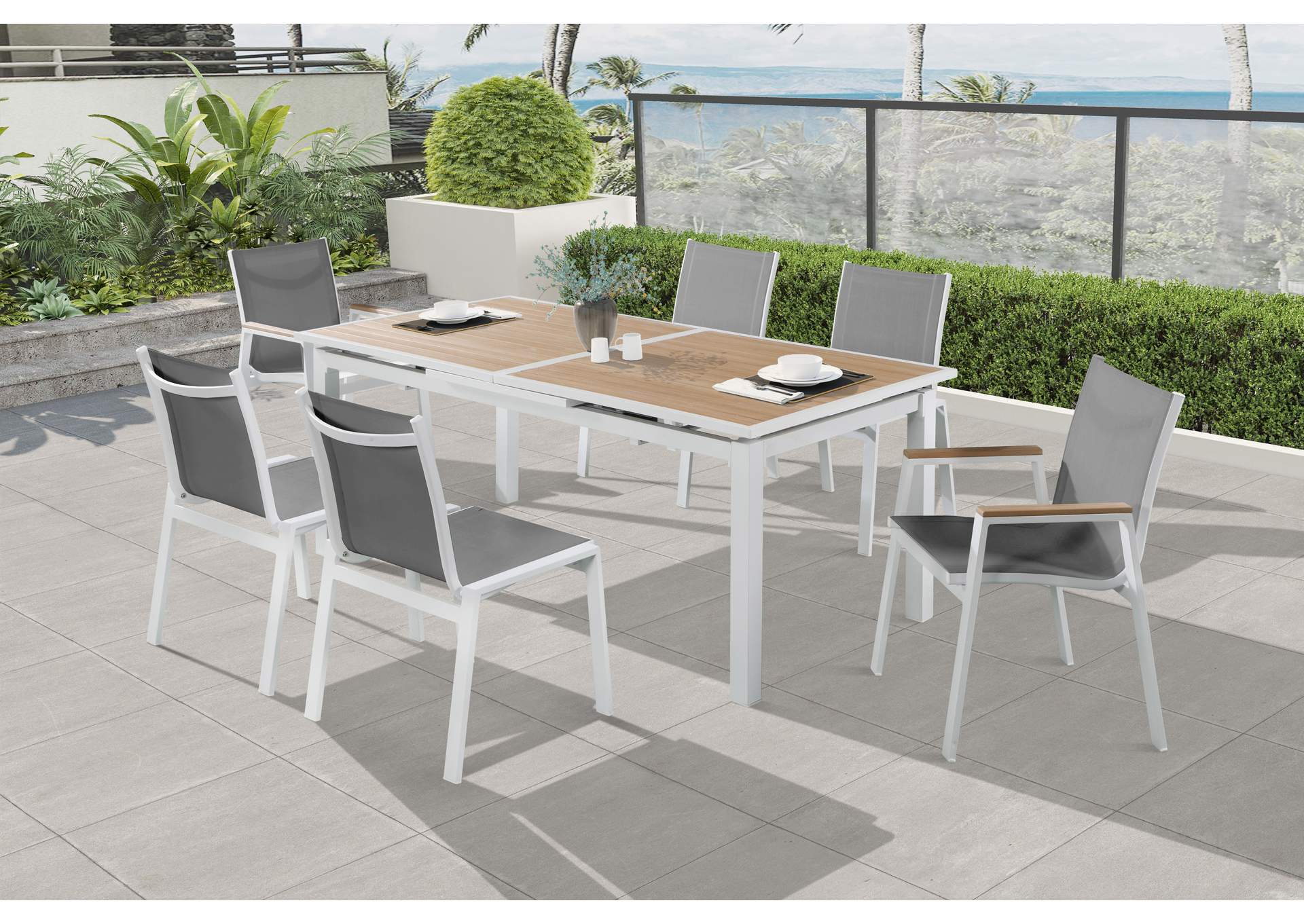Nizuc Grey Mesh Water Resistant Fabric Outdoor Patio Aluminum Mesh Dining Arm Chair Set of 2,Meridian Furniture