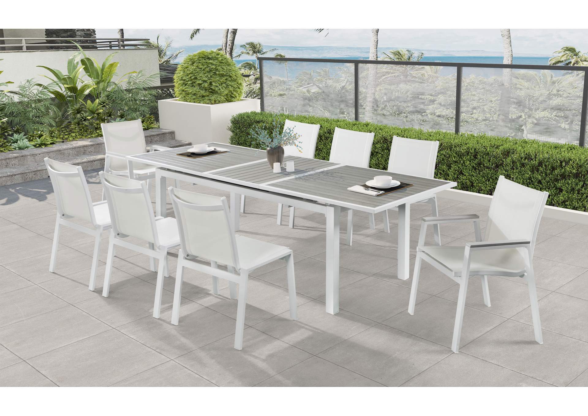 Nizuc Grey Wood Look Accent Paneling Outdoor Patio Extendable Aluminum Dining Table,Meridian Furniture