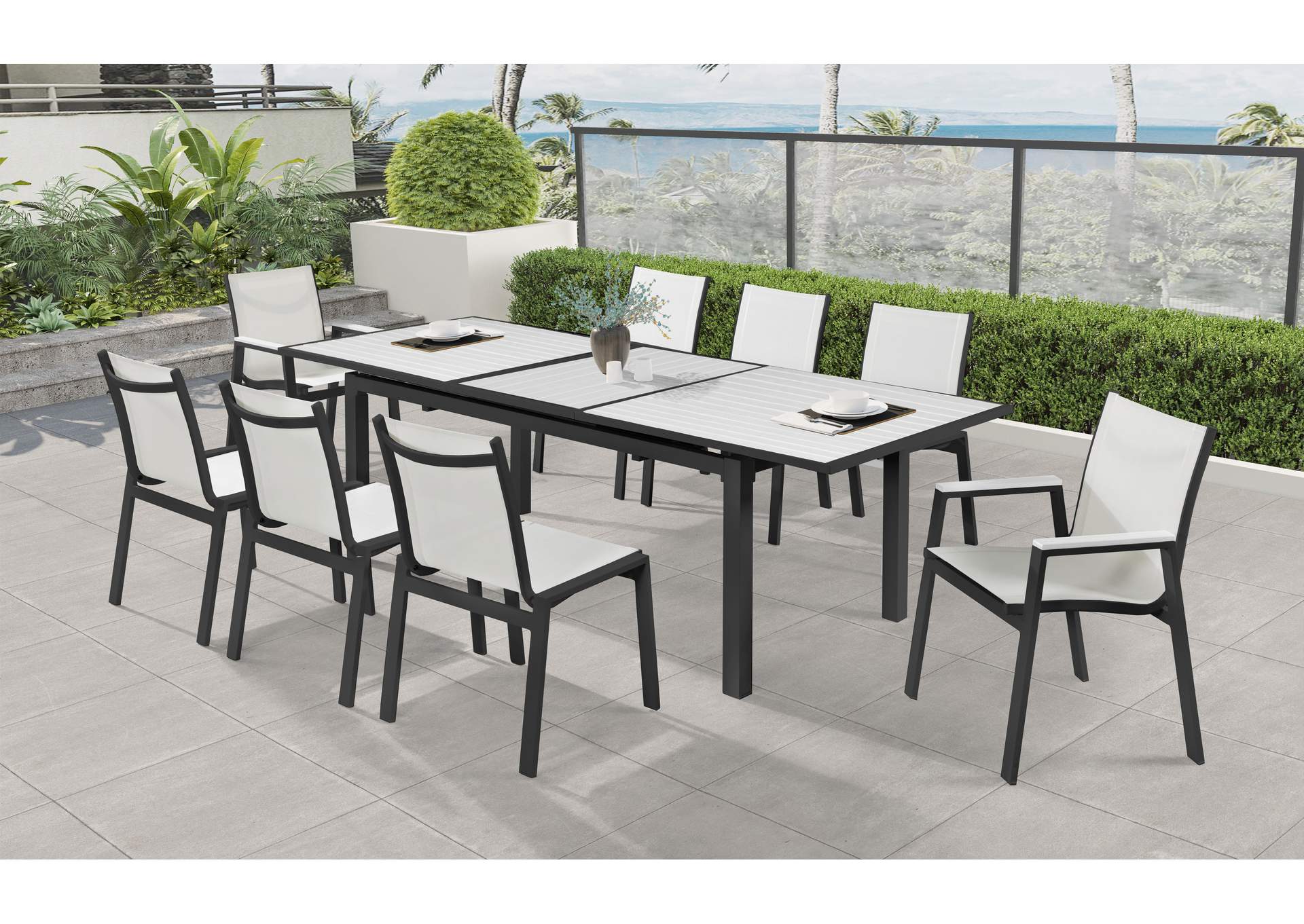 Nizuc White Wood Look Accent Paneling Outdoor Patio Aluminum Dining Table,Meridian Furniture