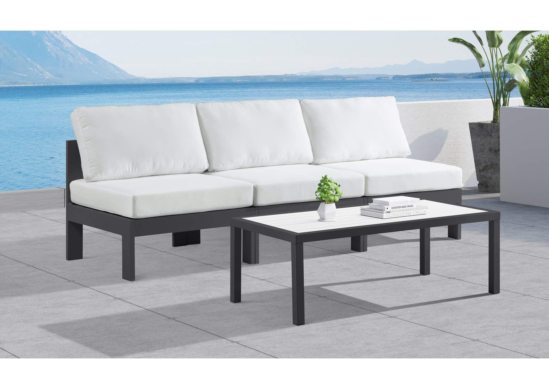 Nizuc White Wood Look Accent Paneling Outdoor Patio Aluminum Coffee Table,Meridian Furniture