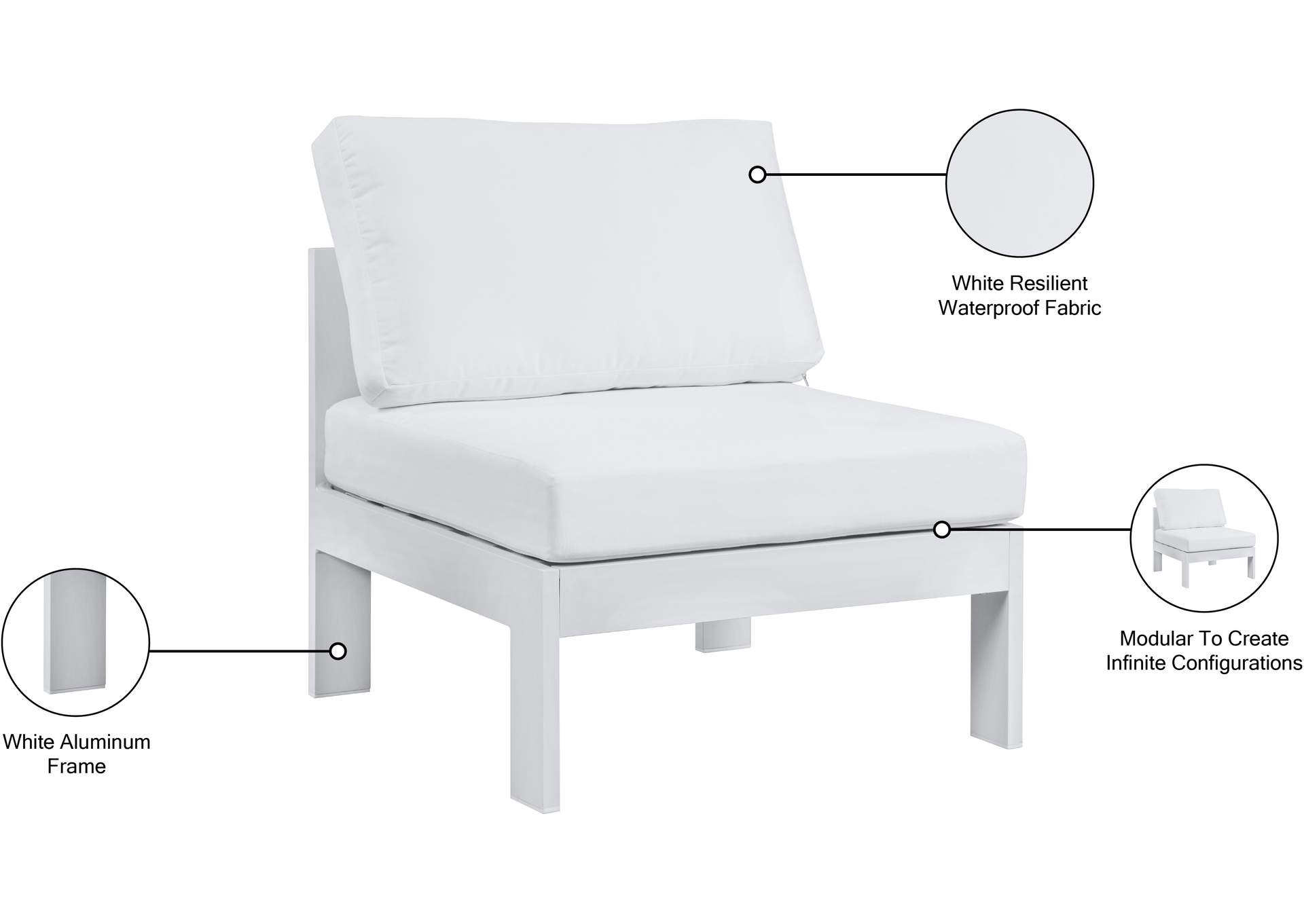 Nizuc White Waterproof Fabric Outdoor Patio Aluminum Armless Chair,Meridian Furniture