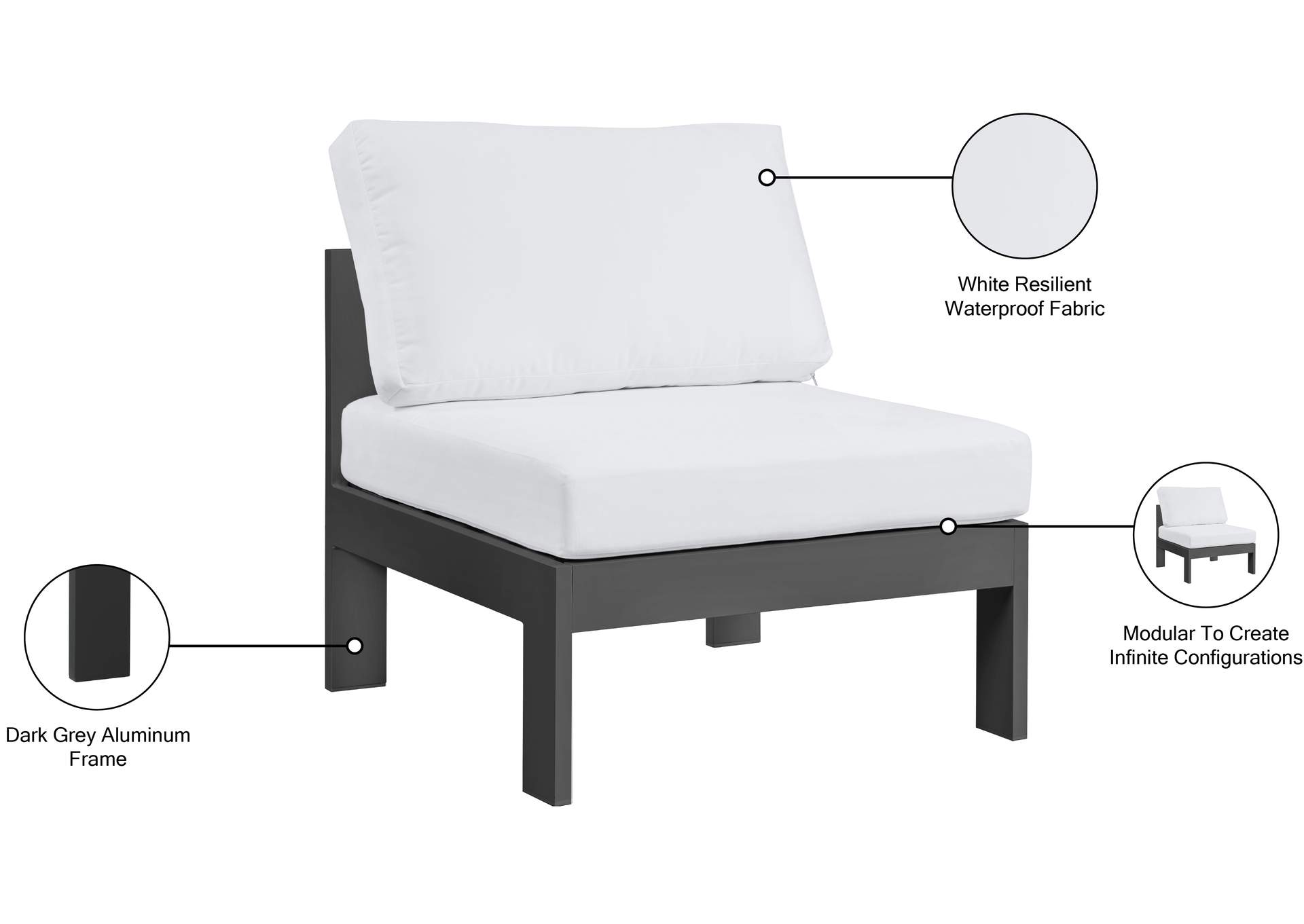 Nizuc White Waterproof Fabric Outdoor Patio Aluminum Armless Chair,Meridian Furniture