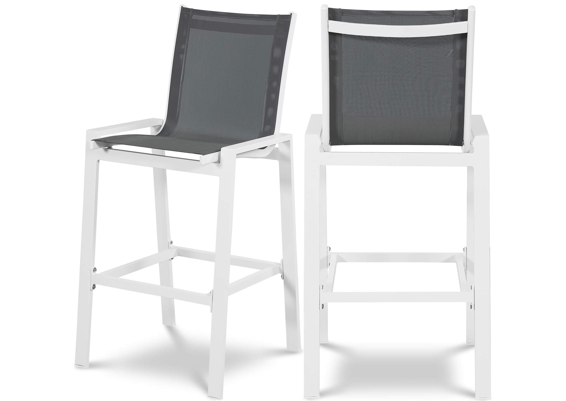 Nizuc Grey Mesh Water Resistant Fabric Outdoor Patio Aluminum Mesh Barstool Set of 2,Meridian Furniture