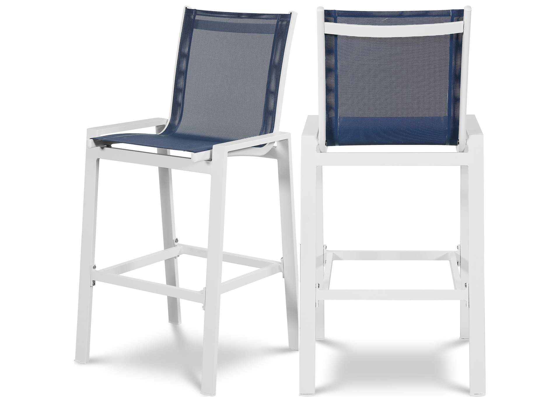 Nizuc Navy Mesh Water Resistant Fabric Outdoor Patio Aluminum Mesh Barstool Set of 2,Meridian Furniture