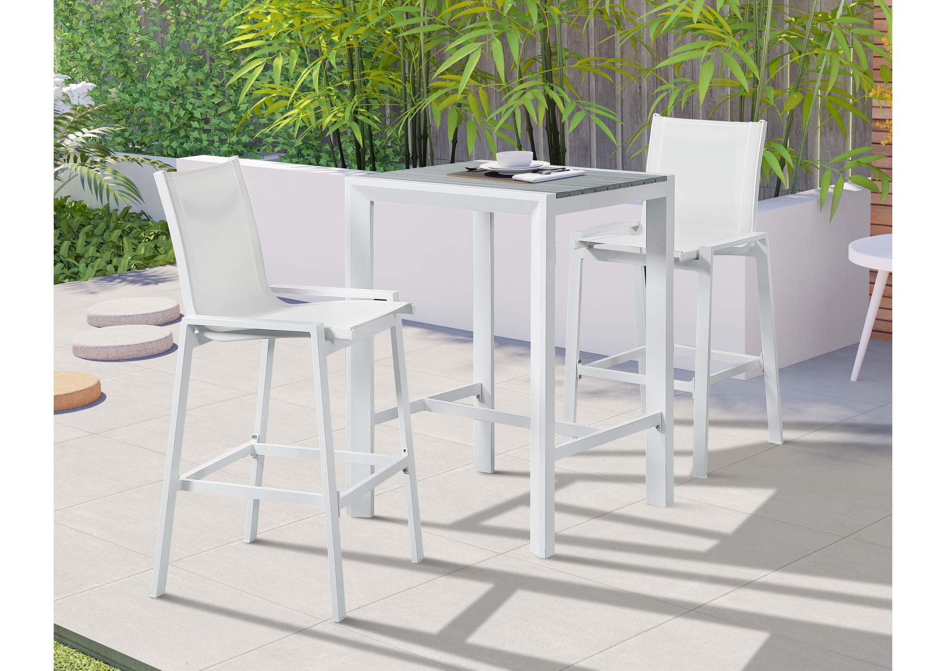 Nizuc White Mesh Water Resistant Fabric Outdoor Patio Aluminum Mesh Barstool Set of 2,Meridian Furniture