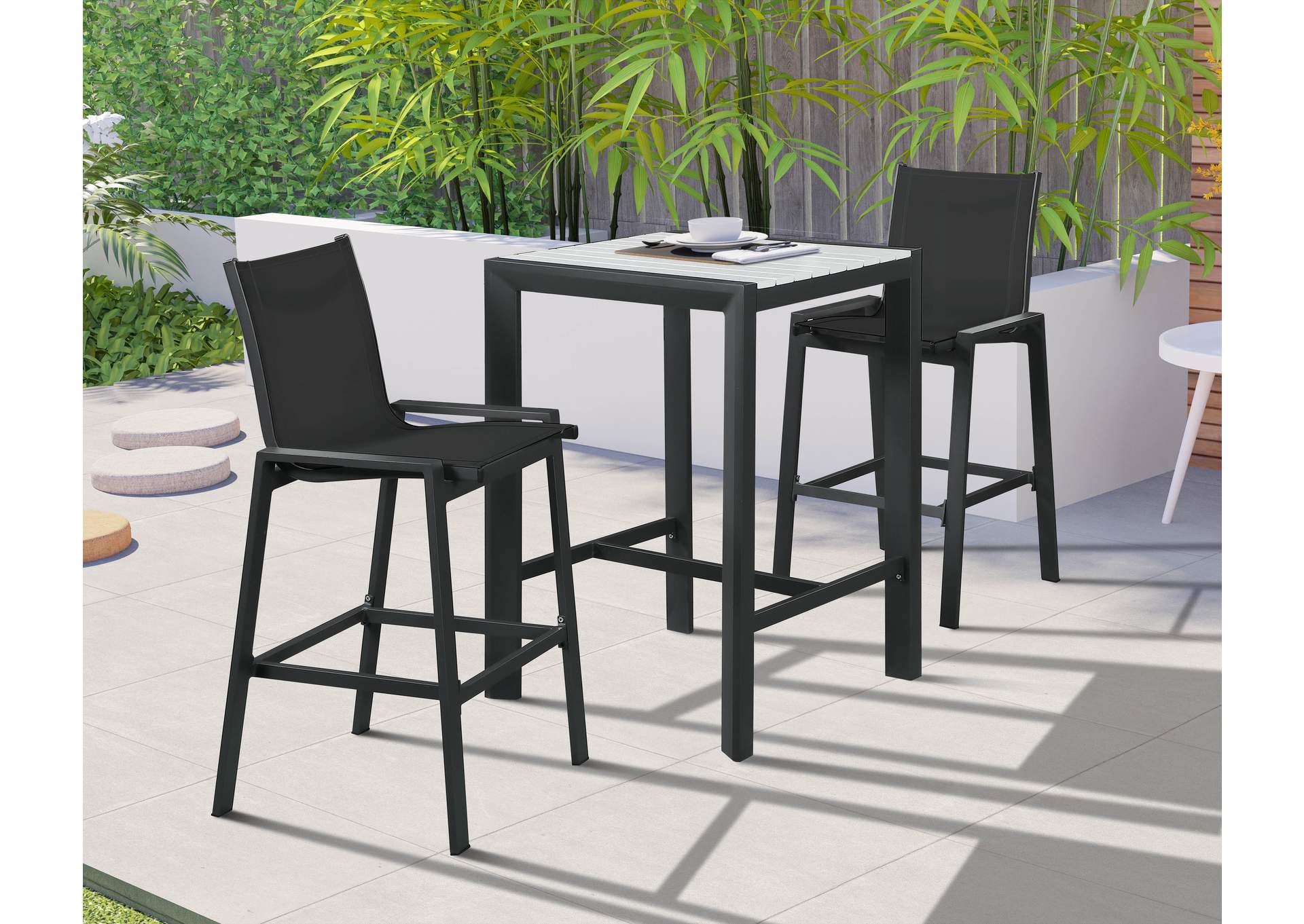 Nizuc Black Mesh Water Resistant Fabric Outdoor Patio Aluminum Mesh Barstool Set of 2,Meridian Furniture