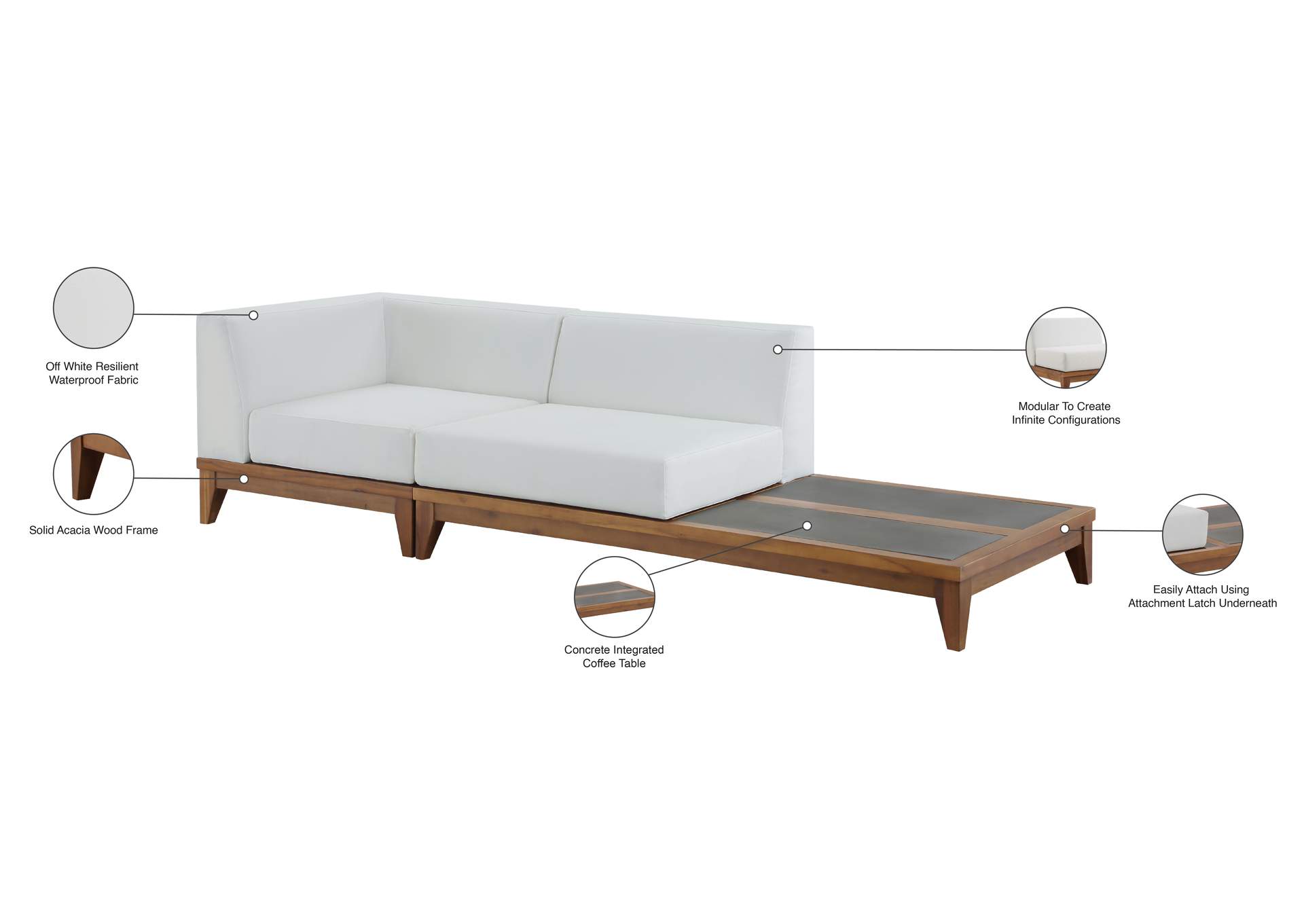 Rio Off White Water Resistant Fabric Outdoor Patio Modular Sofa,Meridian Furniture