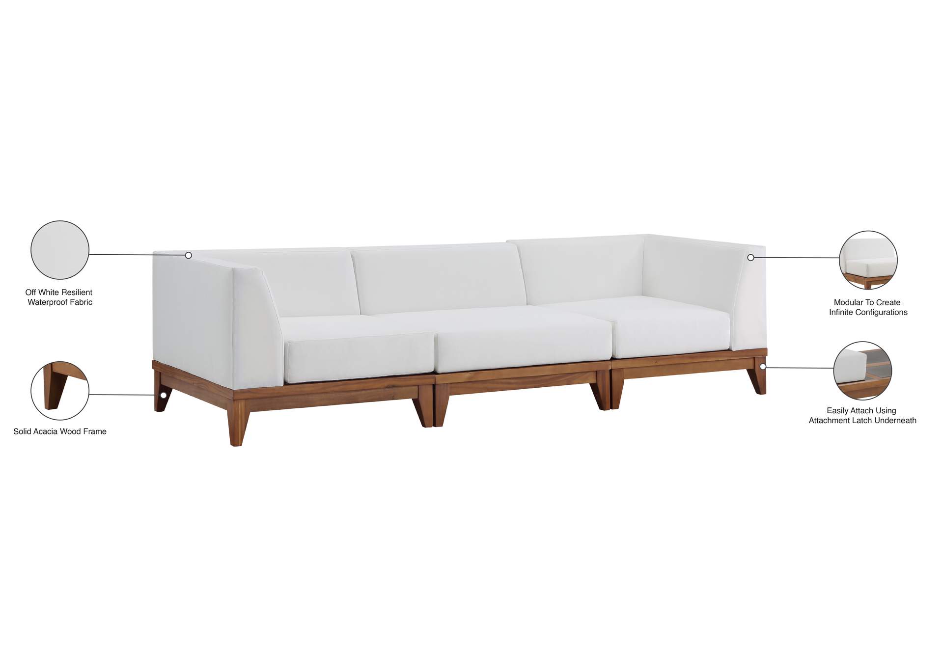 Rio Off White Water Resistant Fabric Outdoor Patio Modular Sofa,Meridian Furniture