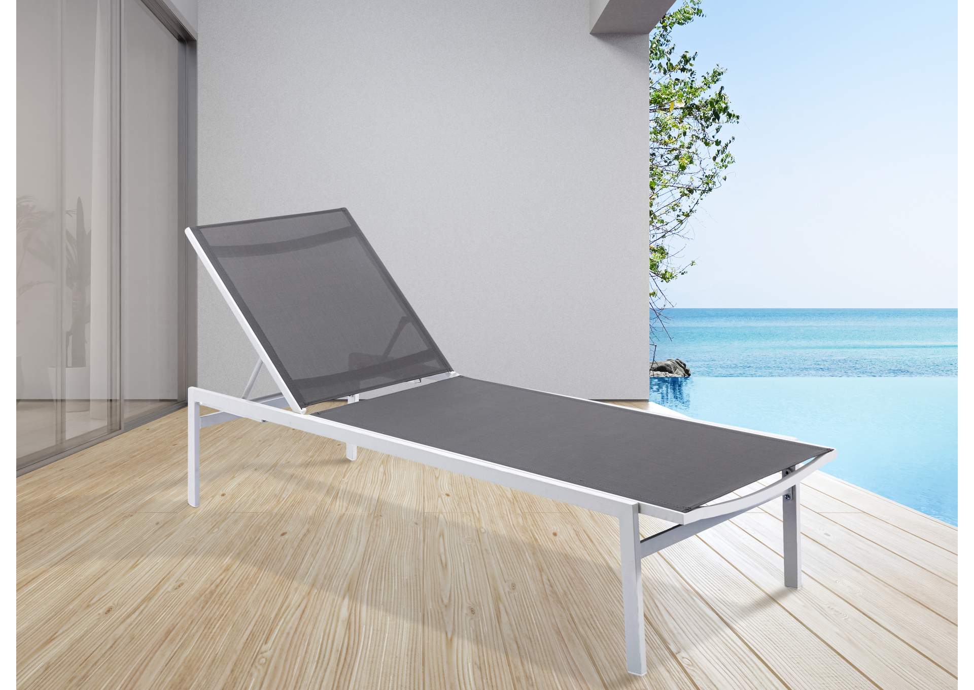 Santorini Grey Resilient Mesh Water Resistant Fabric Outdoor Patio Aluminum Mesh Chaise Lounge Chair,Meridian Furniture