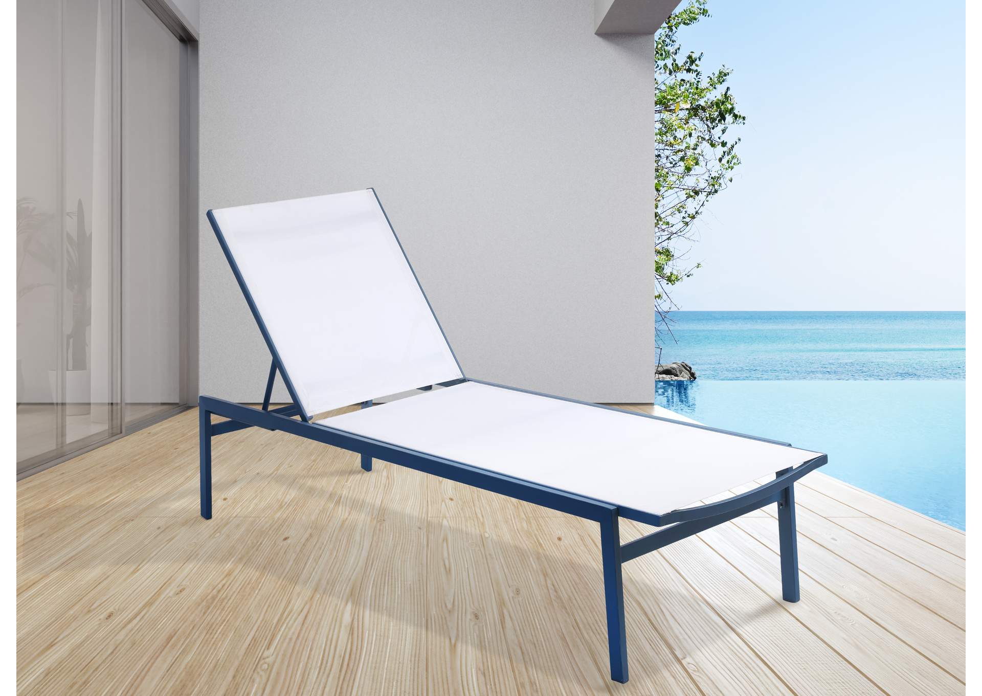 Santorini White Resilient Mesh Water Resistant Fabric Outdoor Patio Aluminum Mesh Chaise Lounge Chair,Meridian Furniture
