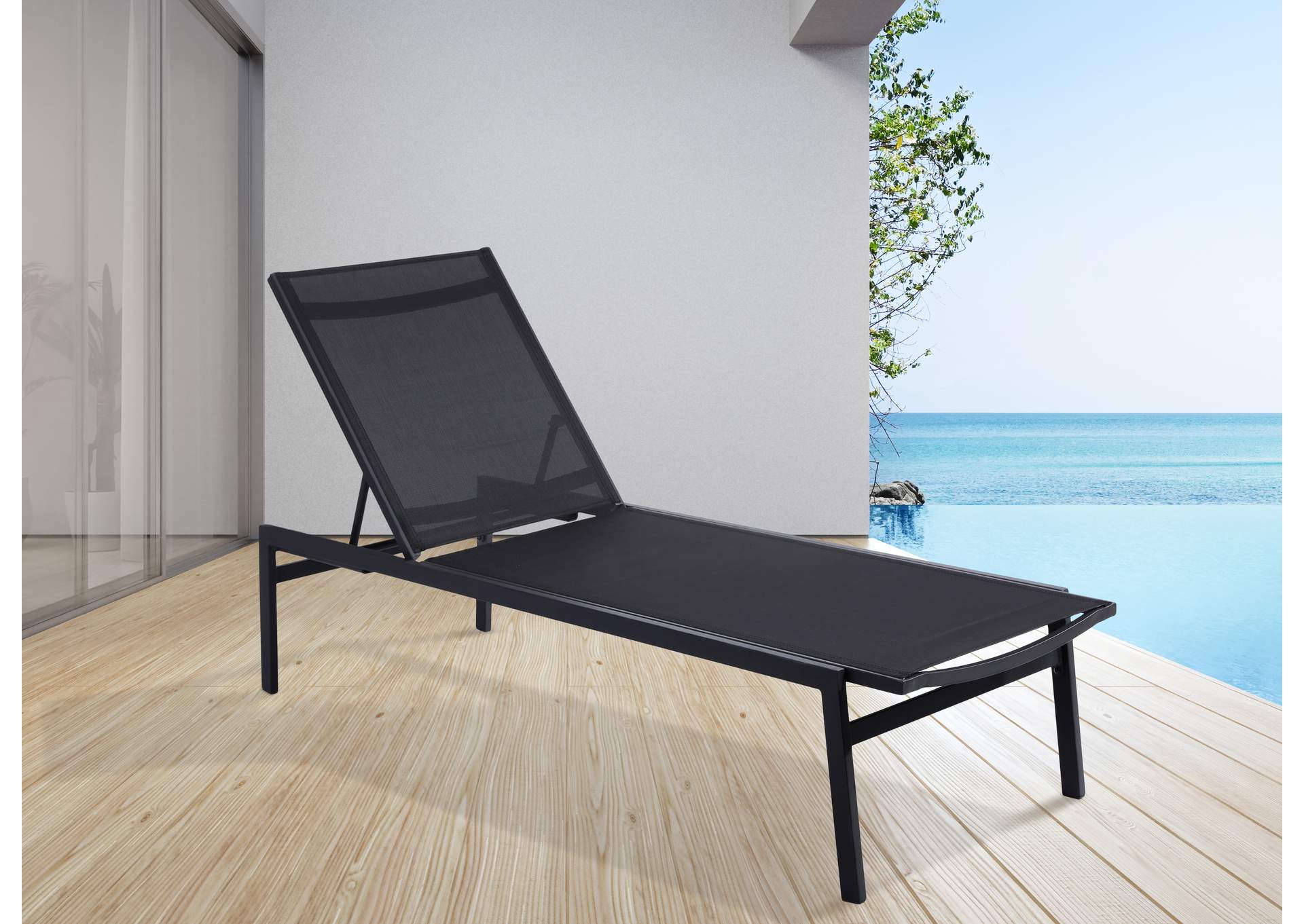 Santorini Black Resilient Mesh Water Resistant Fabric Outdoor Patio Aluminum Mesh Chaise Lounge Chair,Meridian Furniture