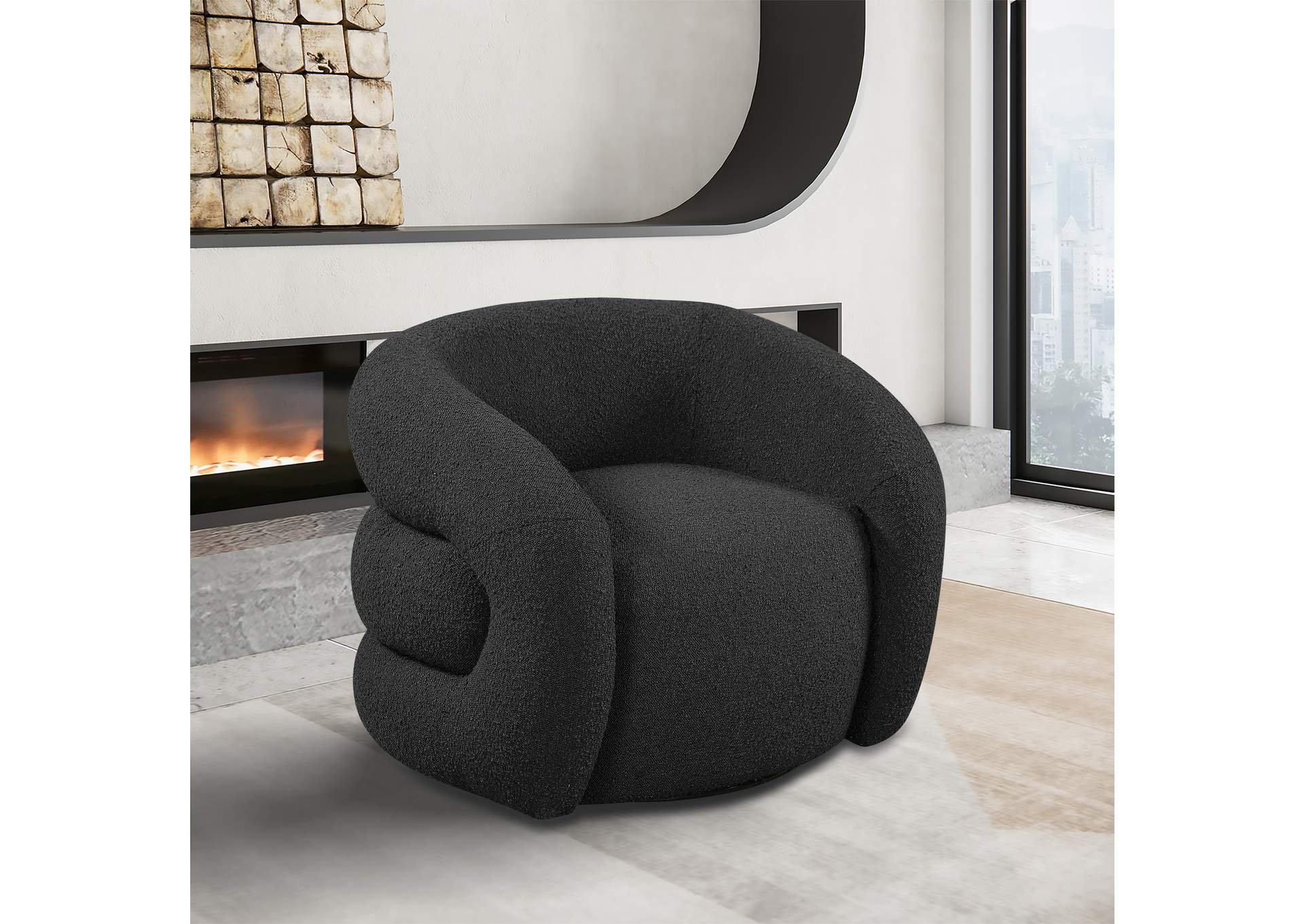 Roxbury Black Boucle Fabric Swivel Accent Chair,Meridian Furniture