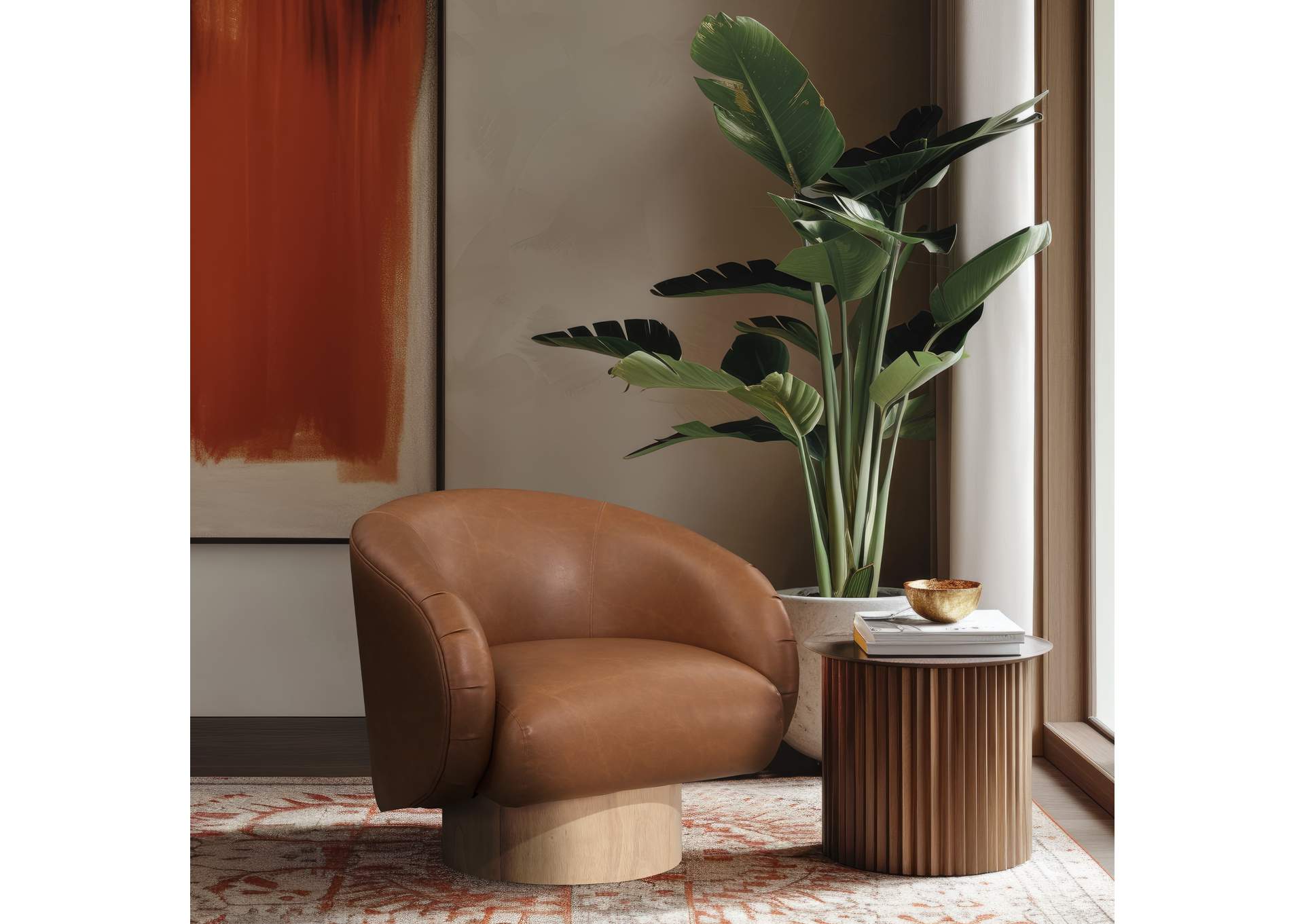 Gibson Cognac Faux Leather Swivel Accent Chair,Meridian Furniture