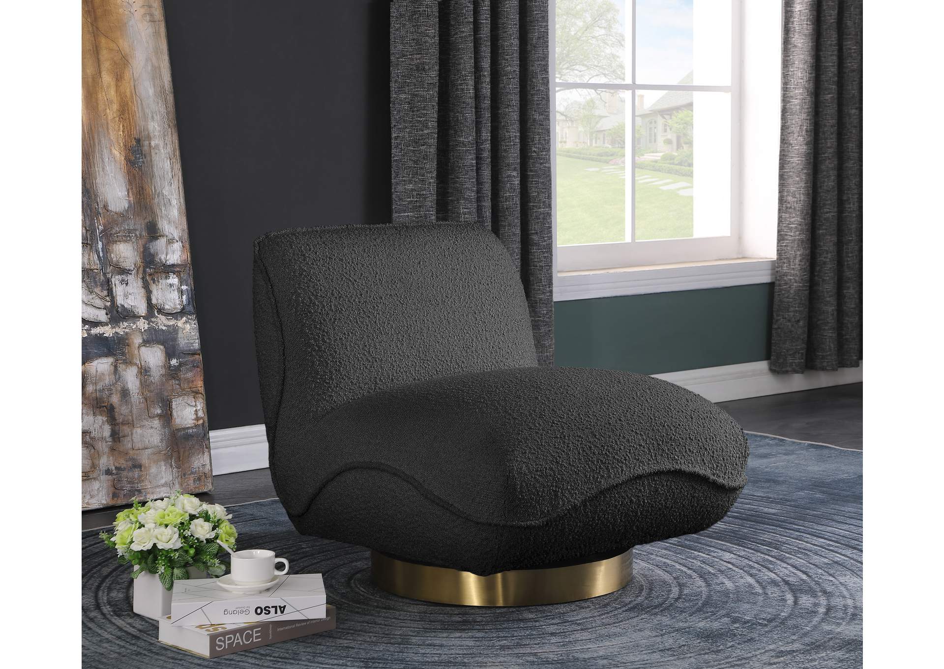 Geneva Black Boucle Fabric Swivel Accent Chair,Meridian Furniture