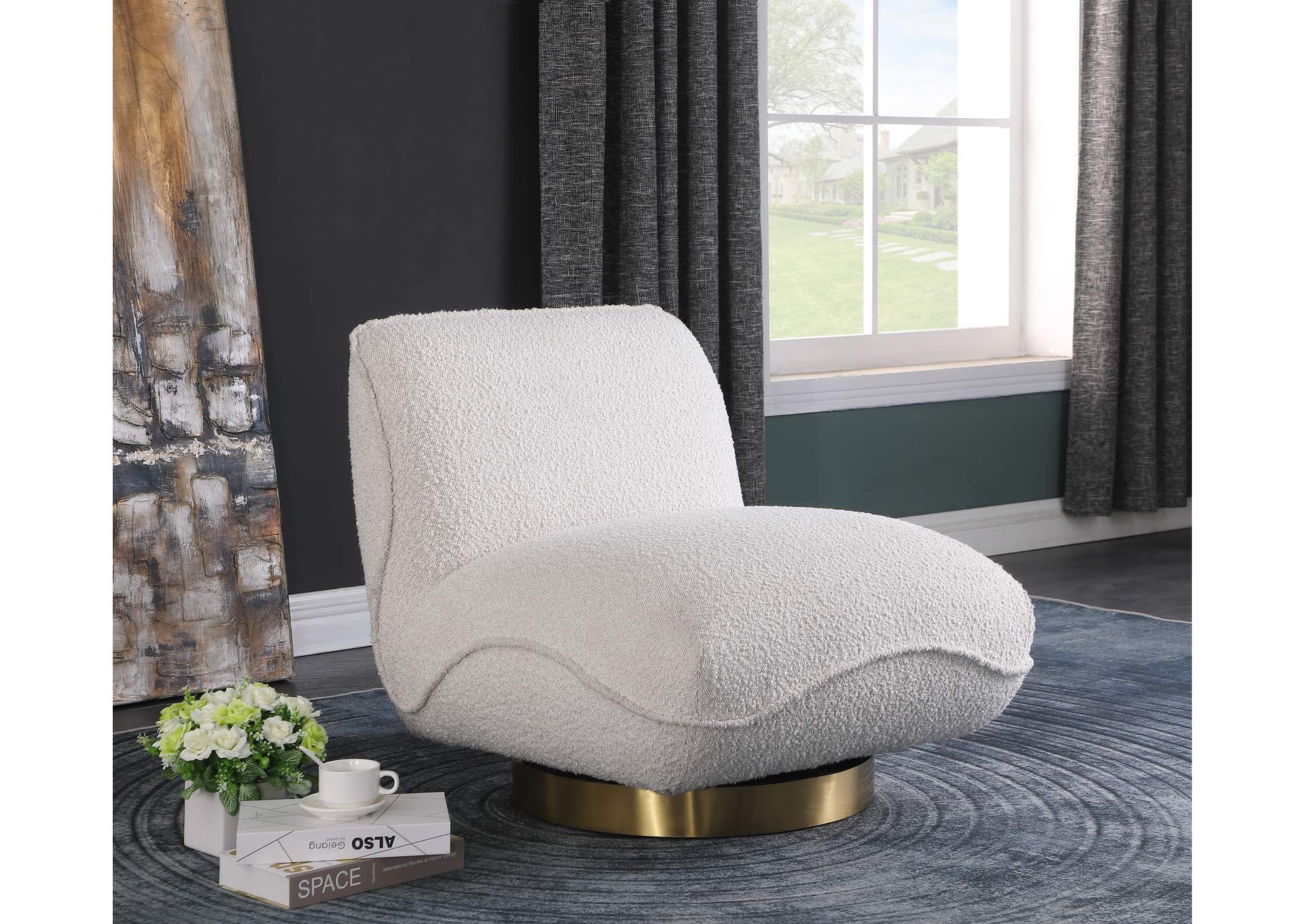 Geneva Cream Boucle Fabric Swivel Accent Chair,Meridian Furniture