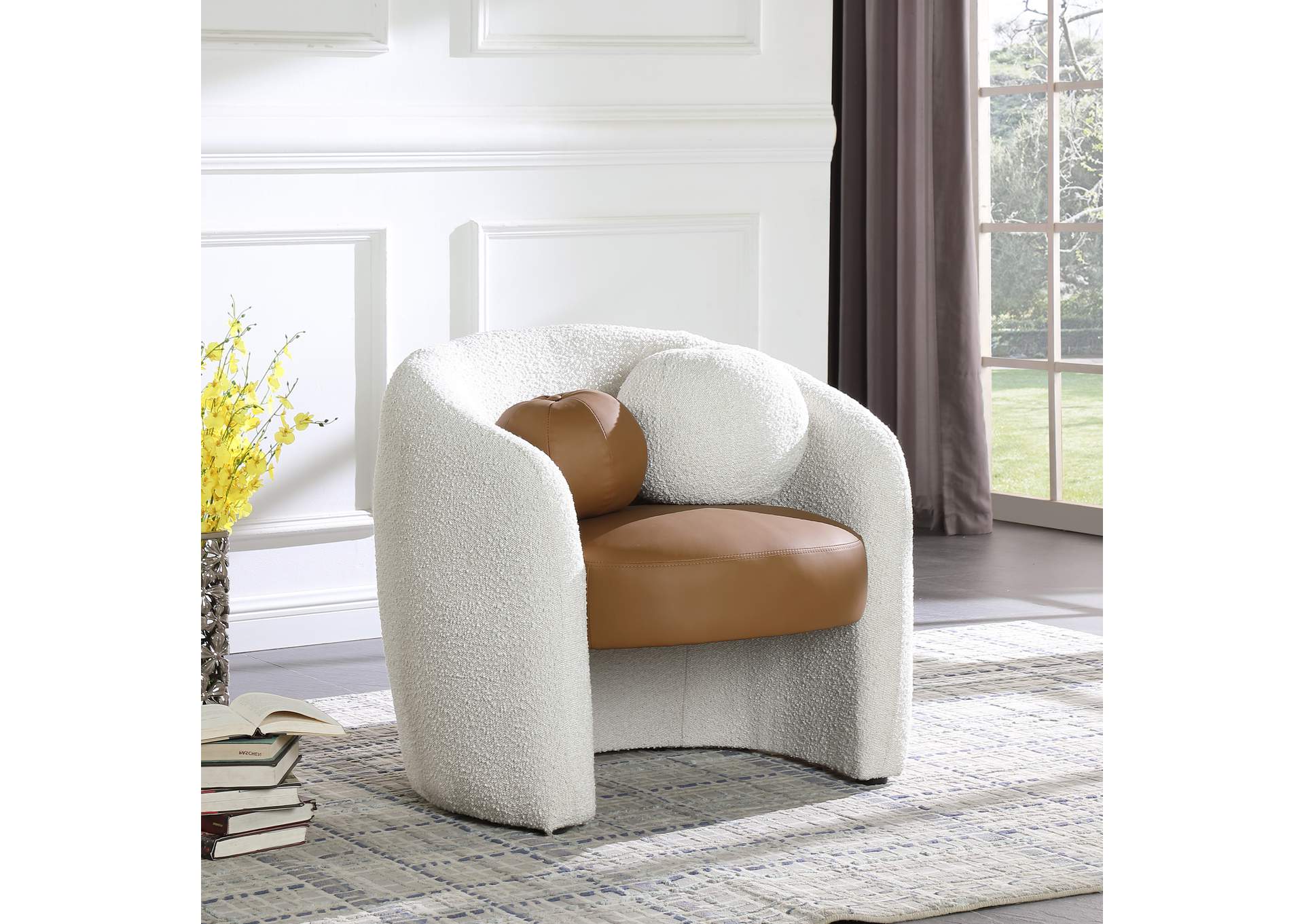 Acadia Cognac Faux Leather - Cream Boucle Fabric Accent Chair,Meridian Furniture