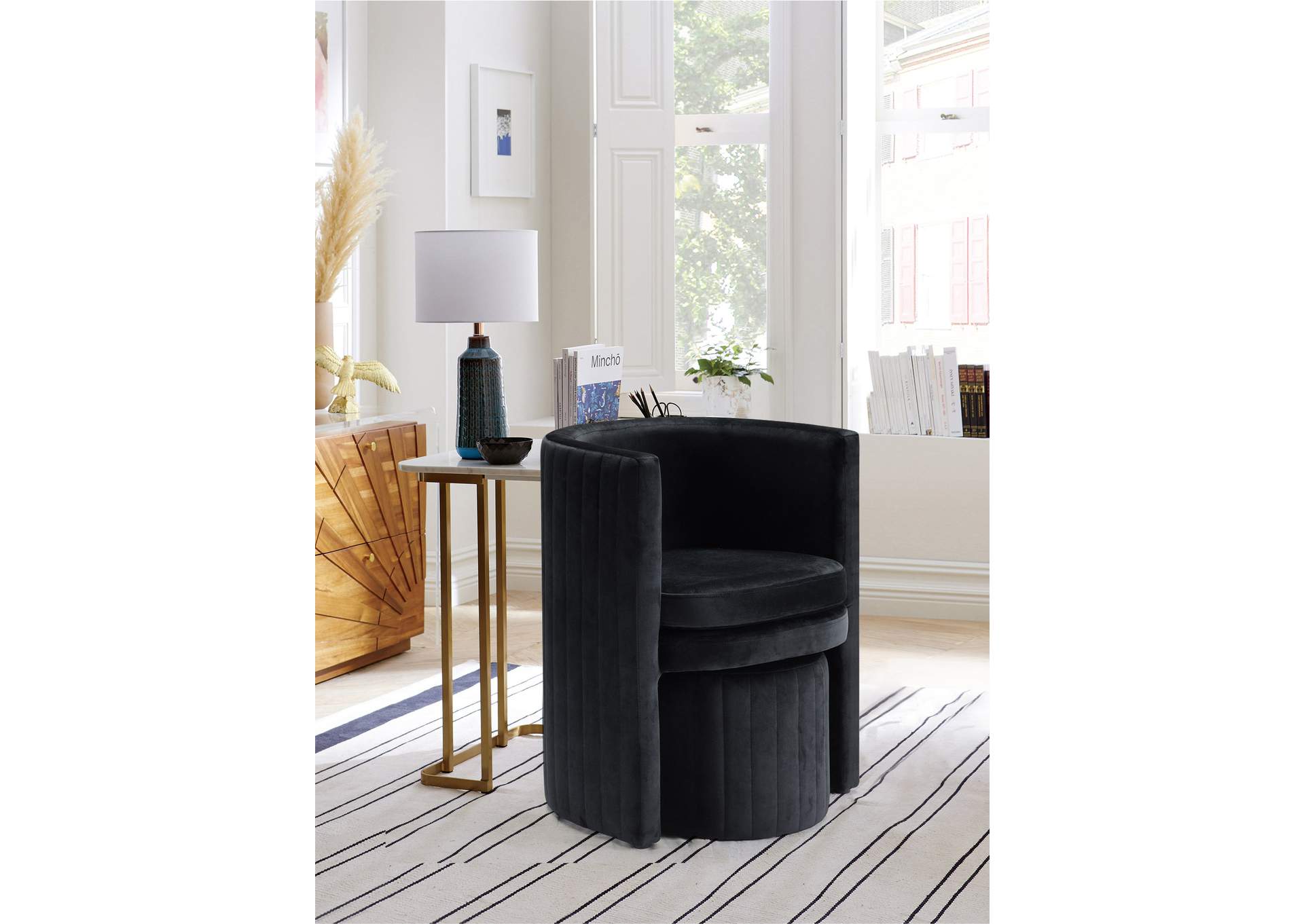 Selena Black Velvet Accent Chair And Ottoman Set,Meridian Furniture