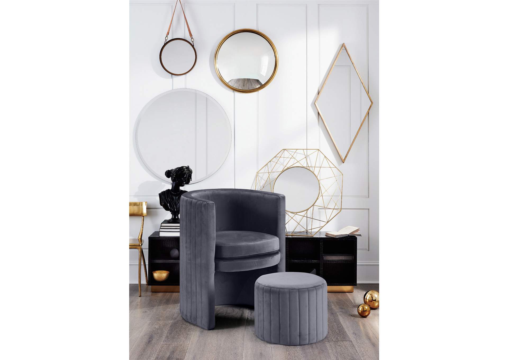 Selena Grey Velvet Accent Chair And Ottoman Set,Meridian Furniture