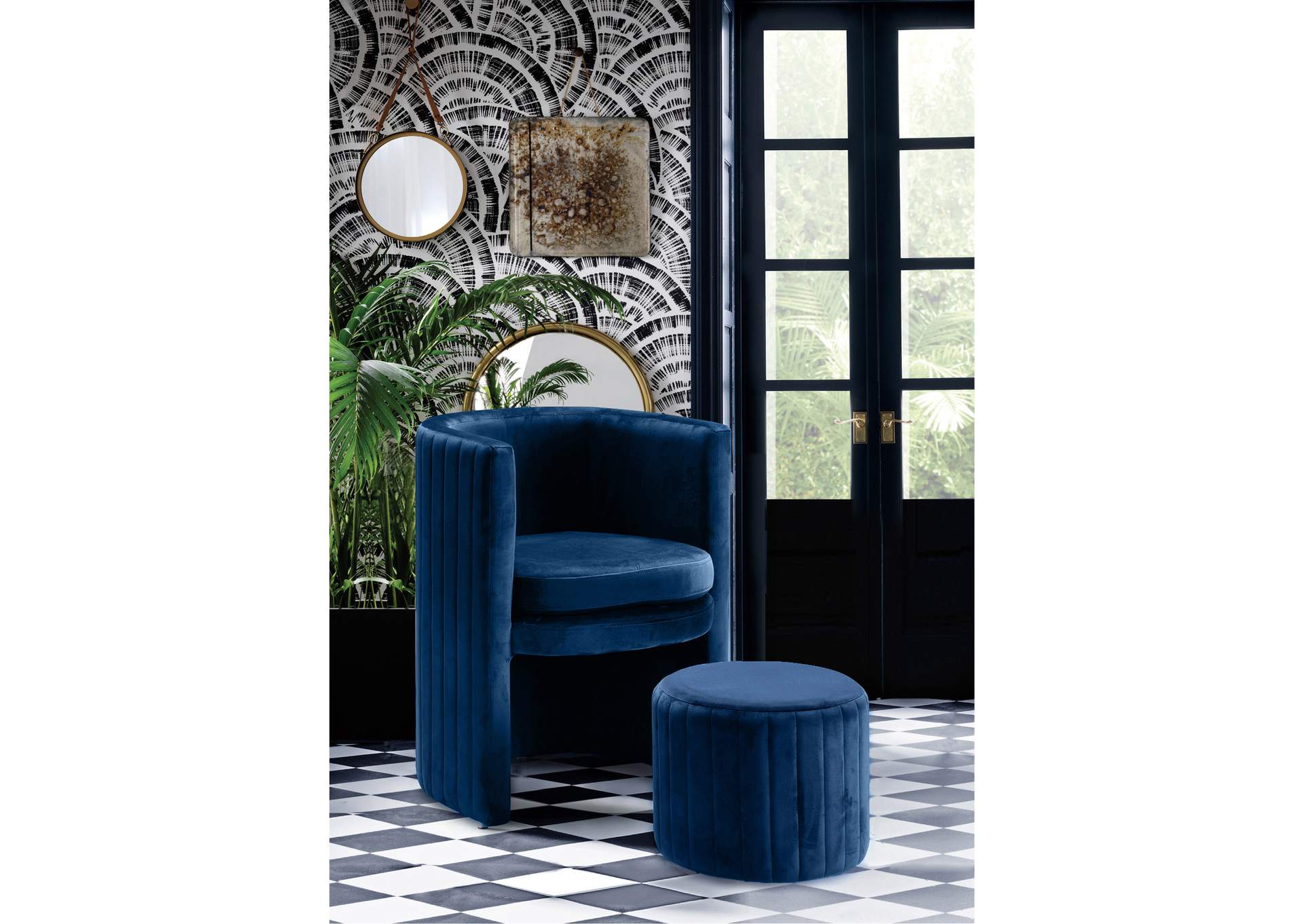 Selena Navy Velvet Accent Chair And Ottoman Set,Meridian Furniture