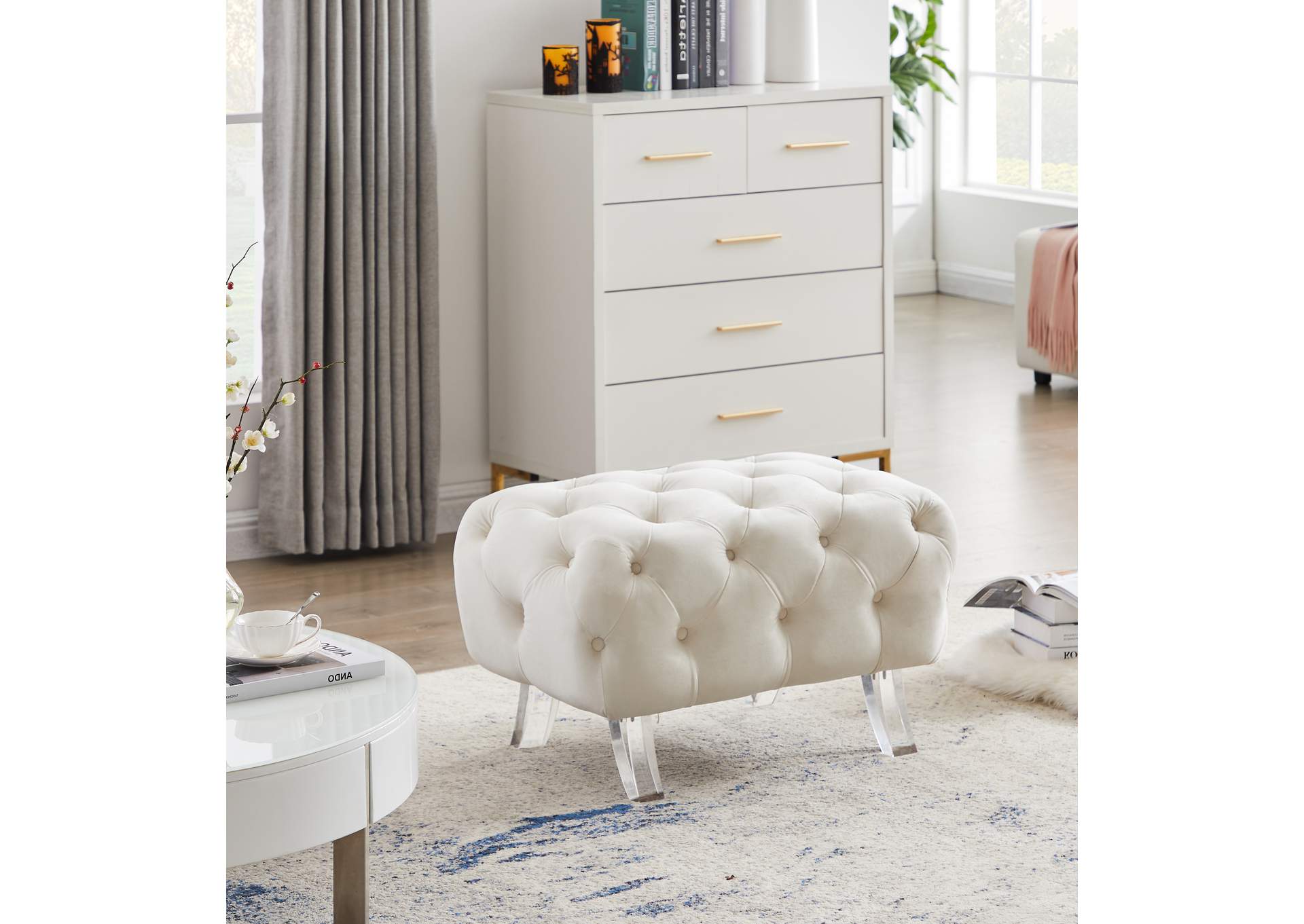 Crescent Cream Velvet Ottoman,Meridian Furniture